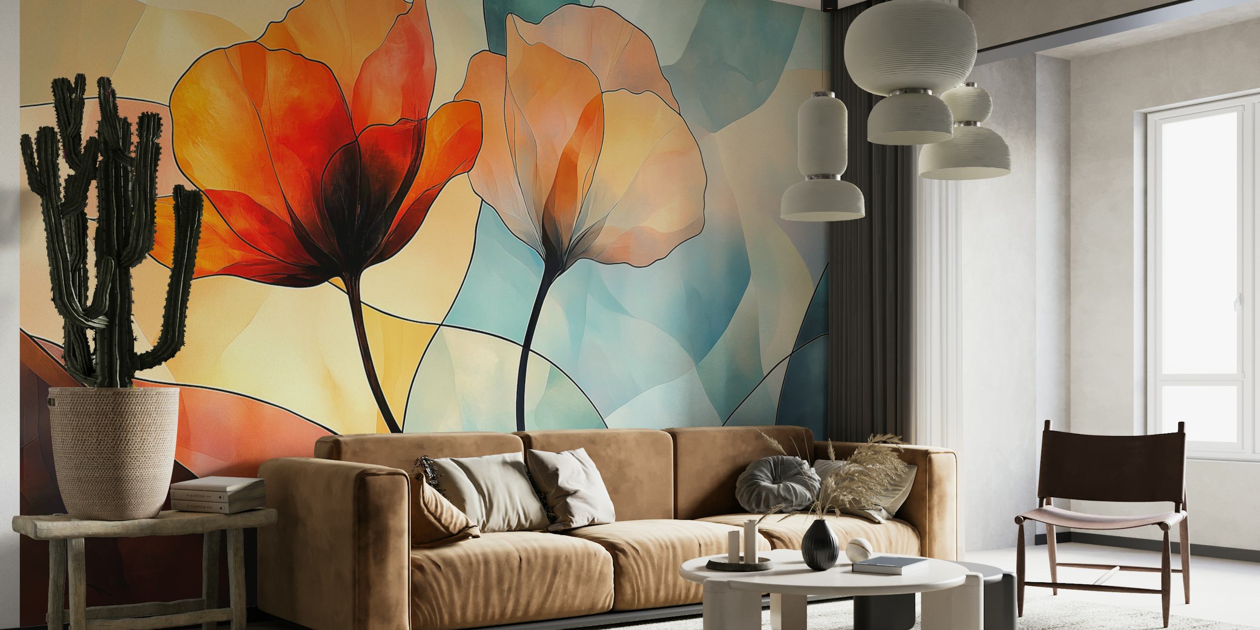 Colorful abstract floral design in orange and white wallpaper