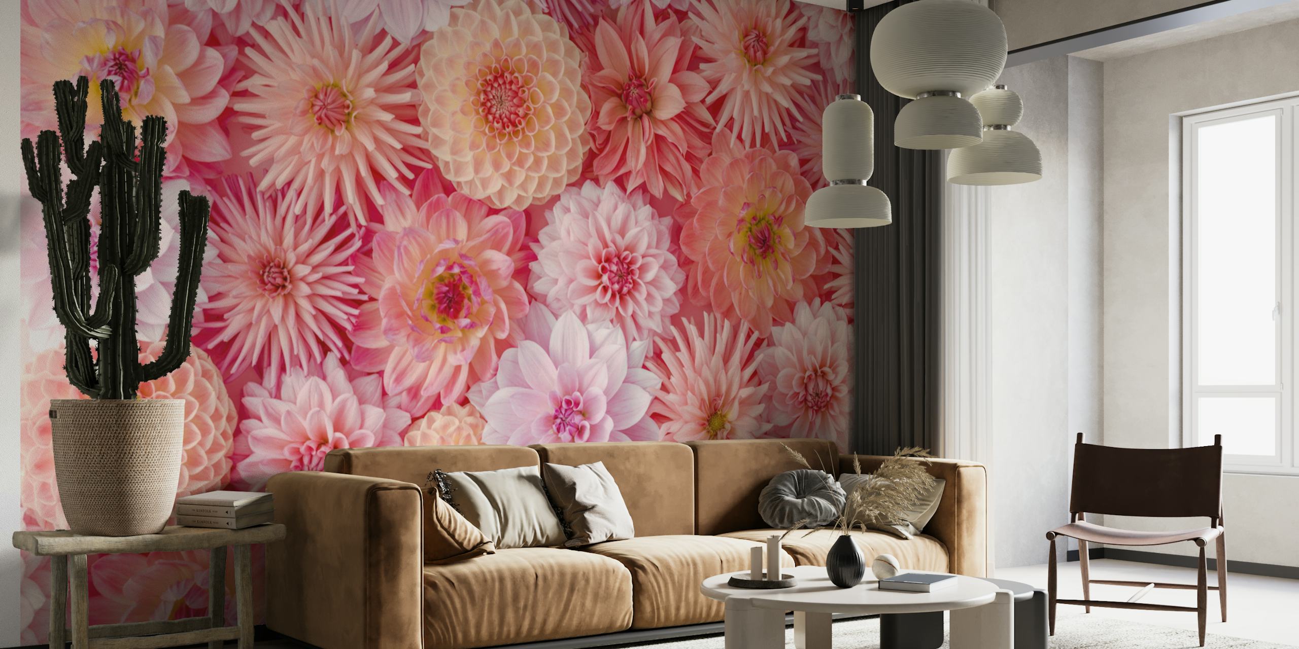 Floral wallpaper design featuring dahlias in pink tones