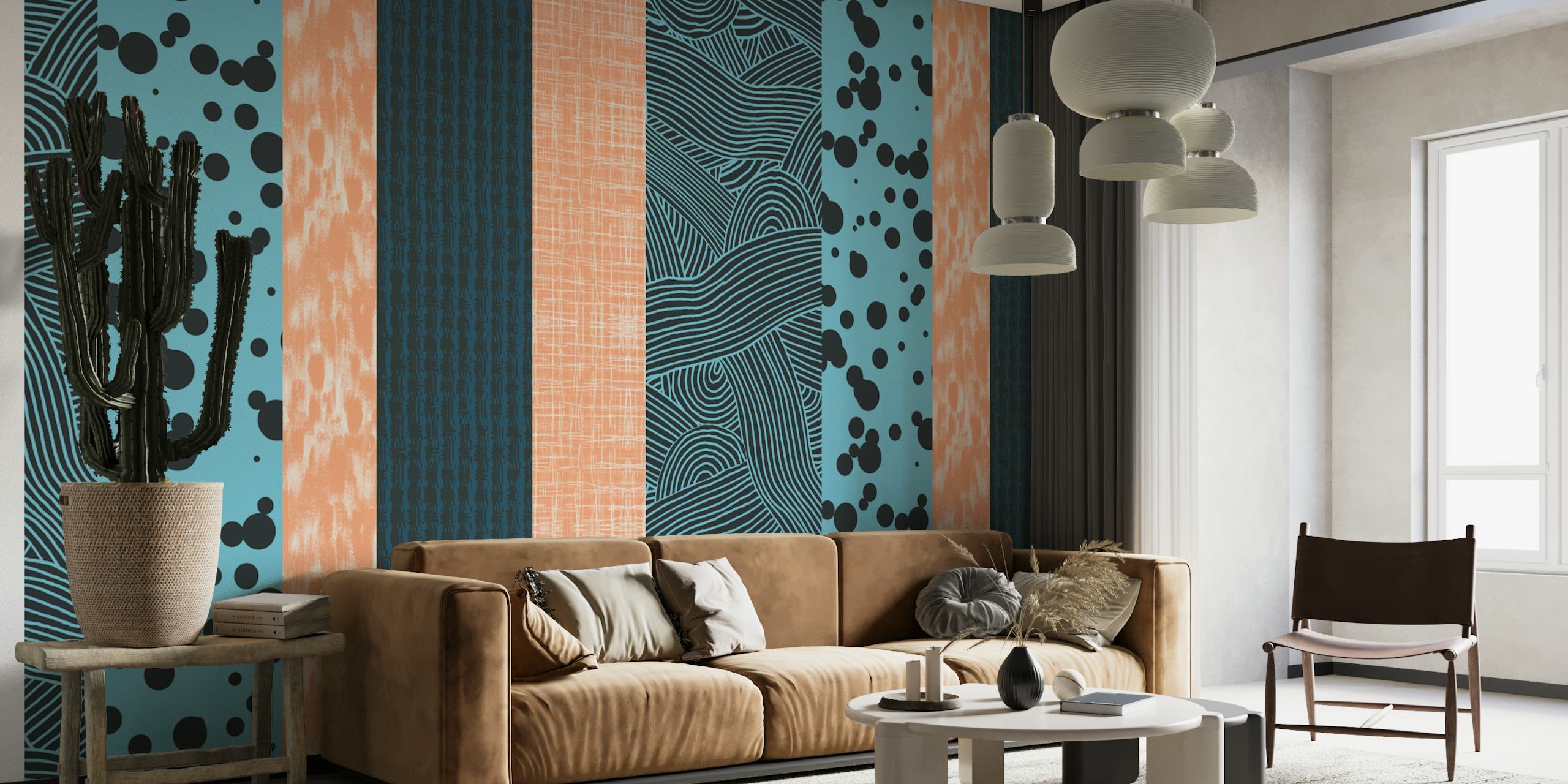 Colorful geometric stripes in blue, black, and peach wallpaper