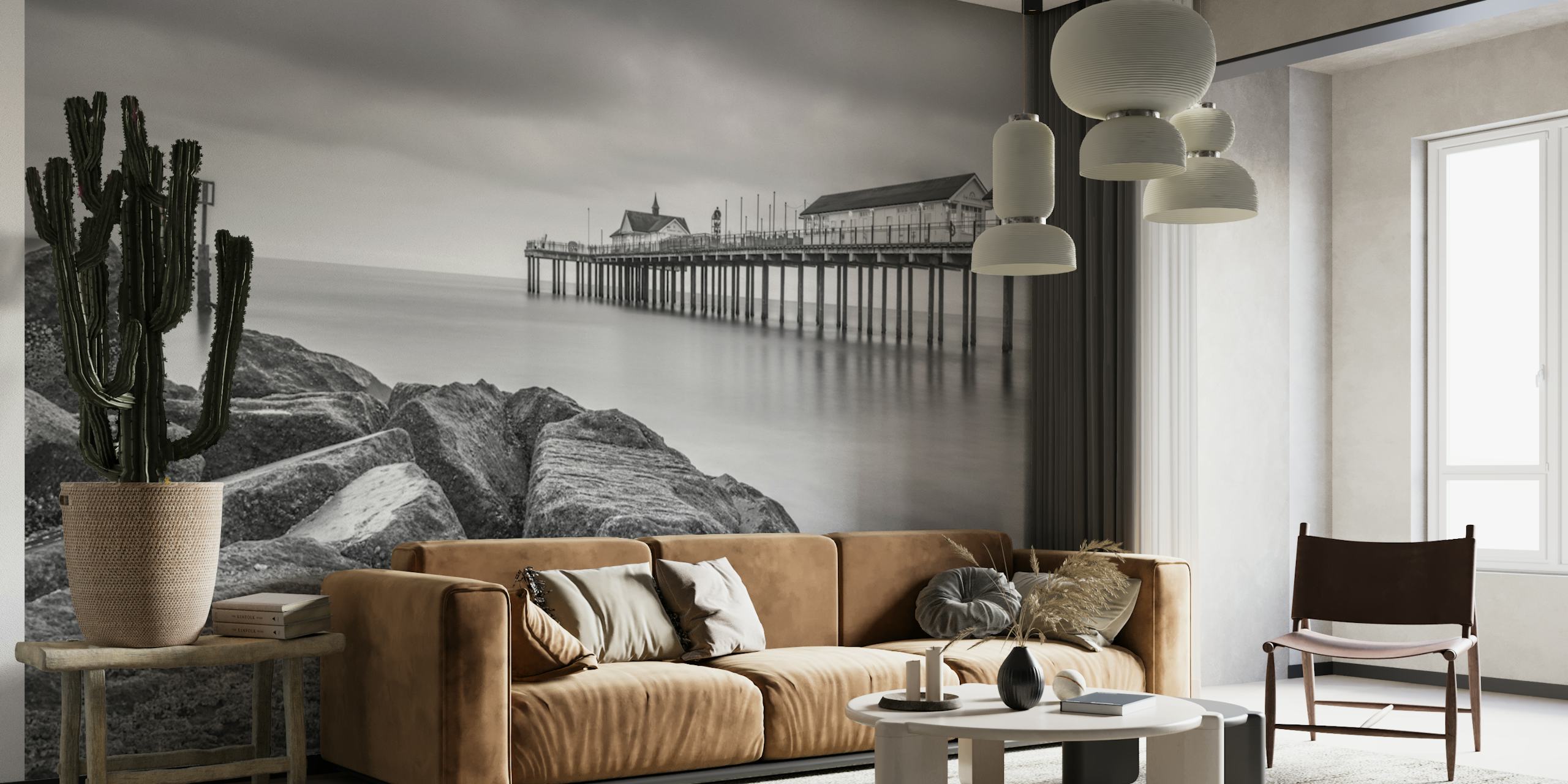 Papel de parede monocromático apresentando uma cena de píer