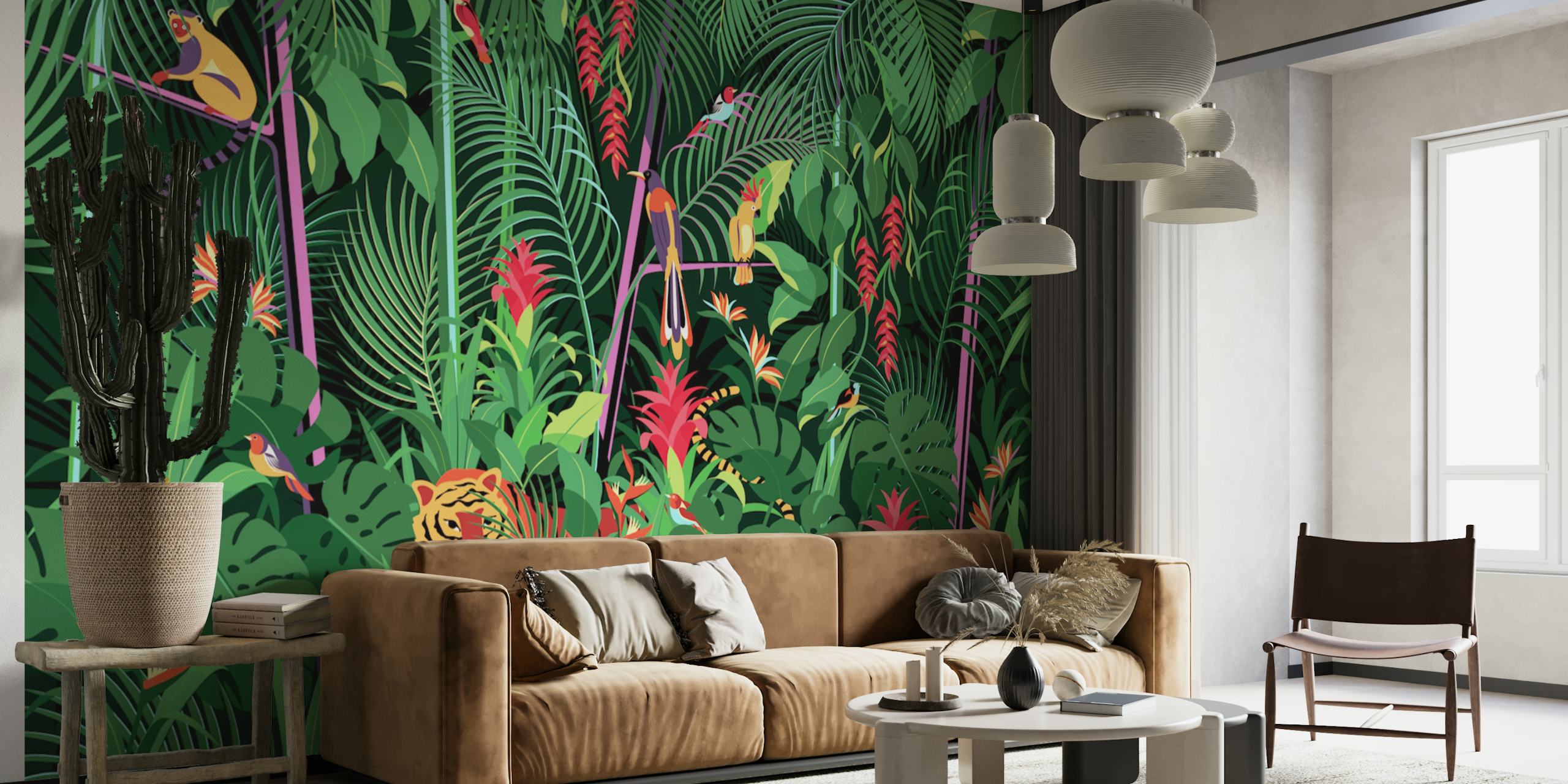 Vibrant tropical jungle wallpaper featuring lush greenery, colorful flowers, and animals