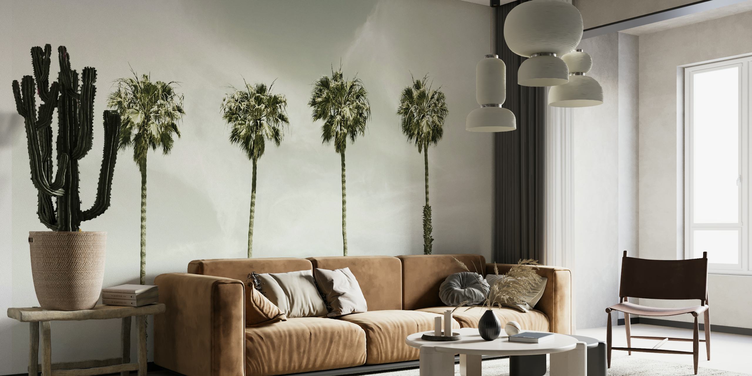 Four tropical palm trees against a cloudy sky wallpaper