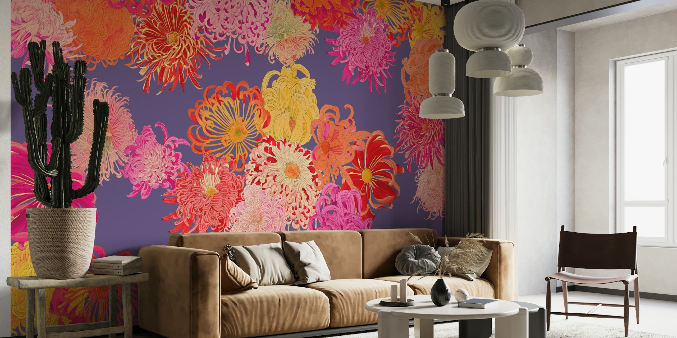 Colorful floral patterns in pink, orange, and purple wallpaper