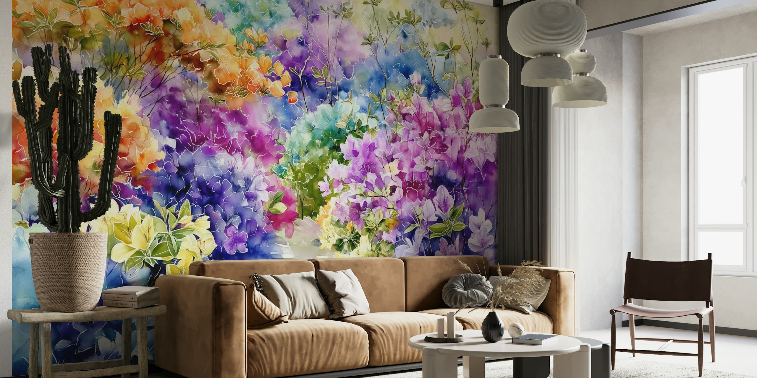 Colorful watercolor floral garden wallpaper in bright hues