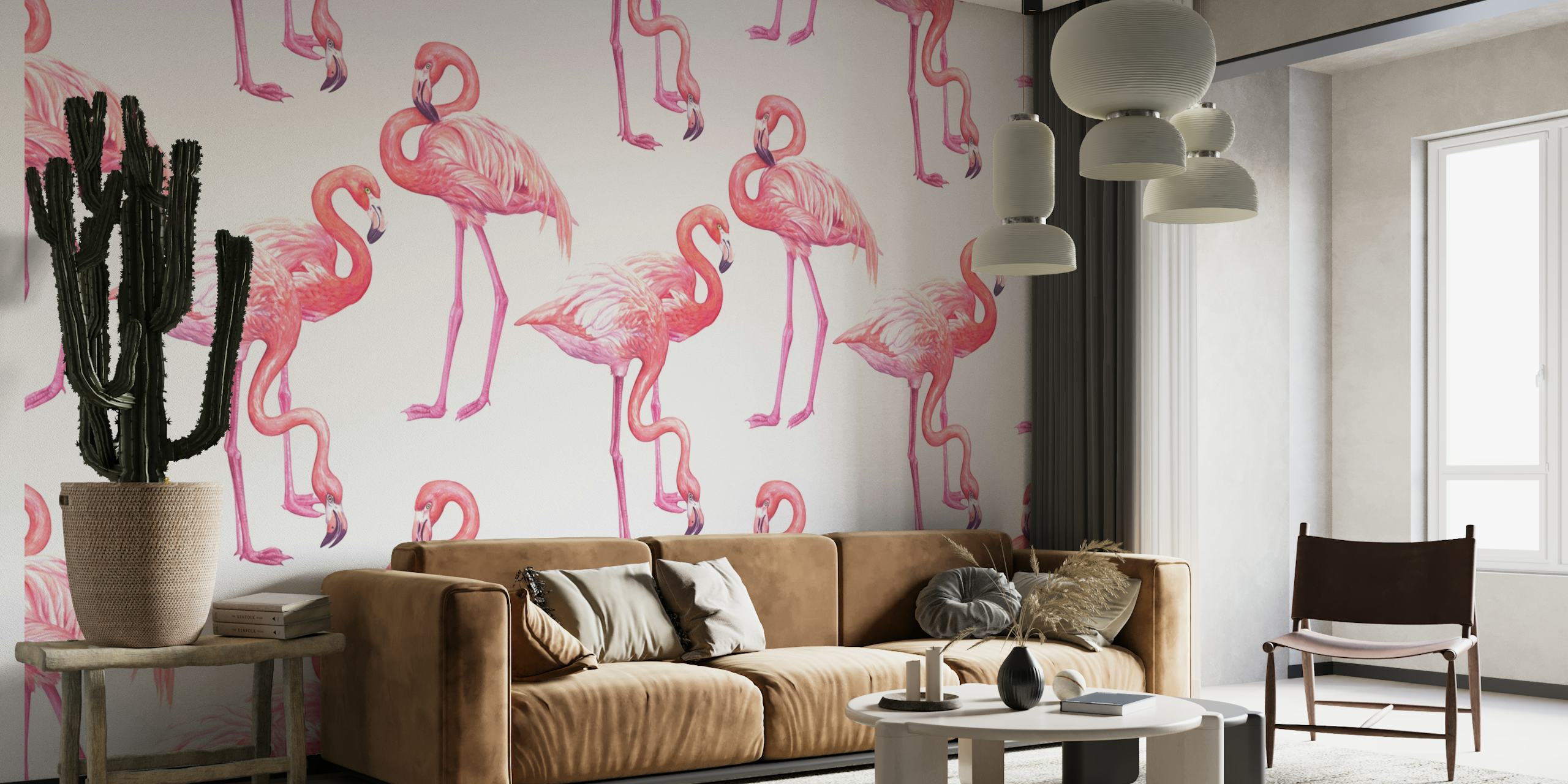 Tyylikkäät vaaleanpunaiset flamingot valkoisella taustalla seinämaalauksella