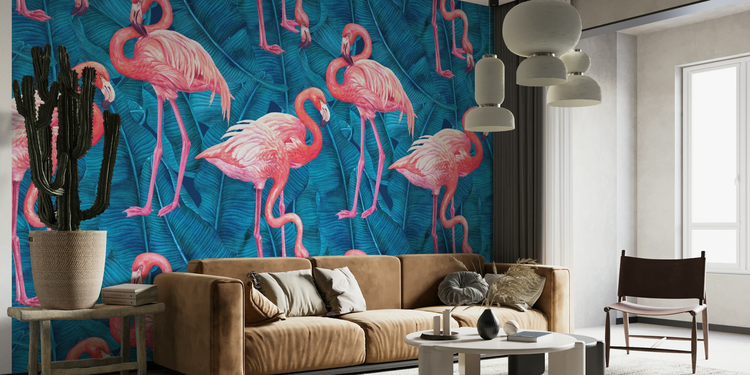Pink flamingos on green banana leaves wall mural