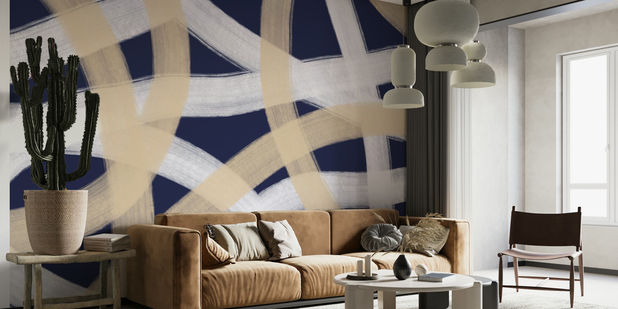 Blue and beige swirling lines on dark background wallpaper