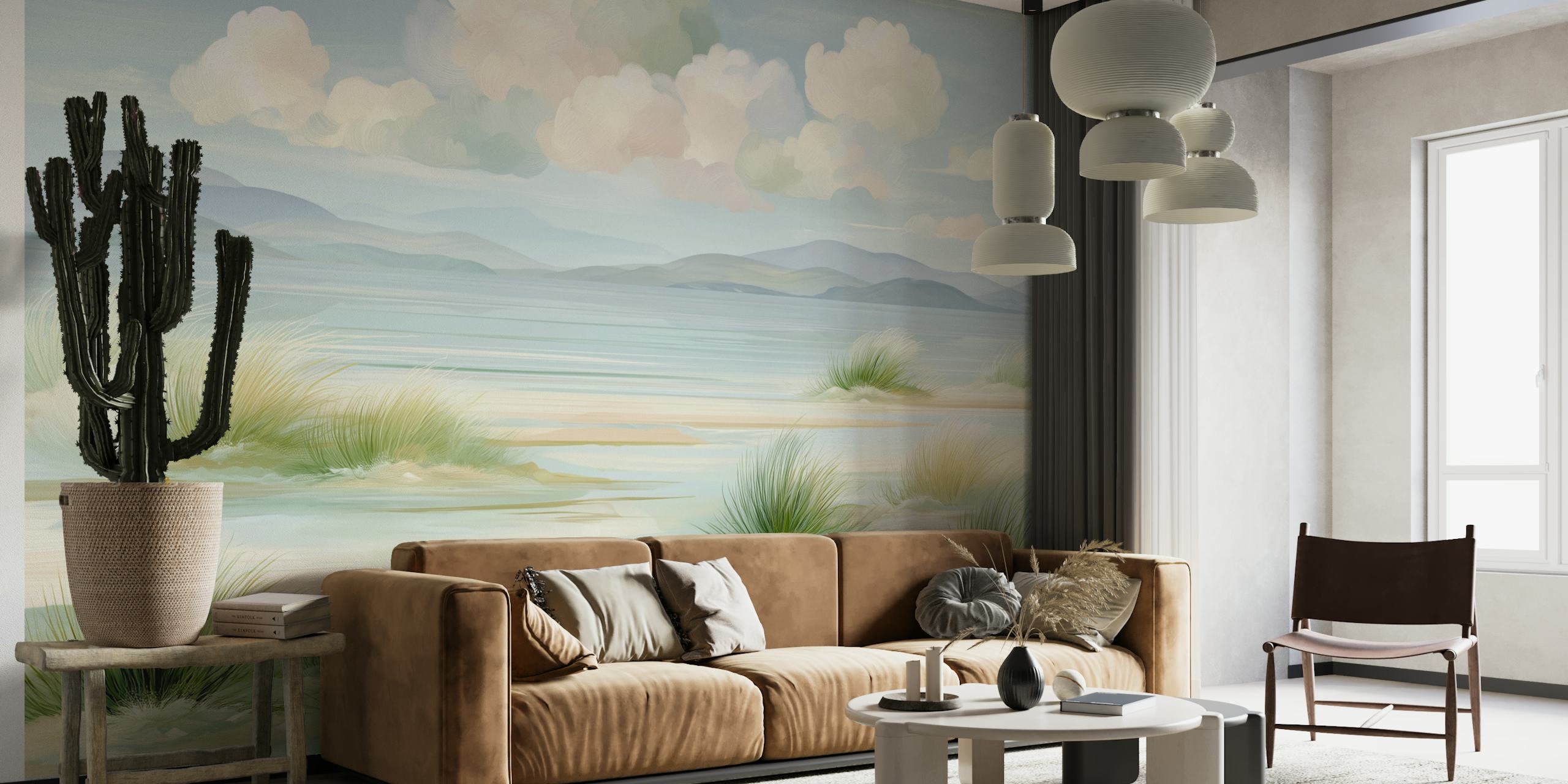 Pastel seascape wallpaper in a room