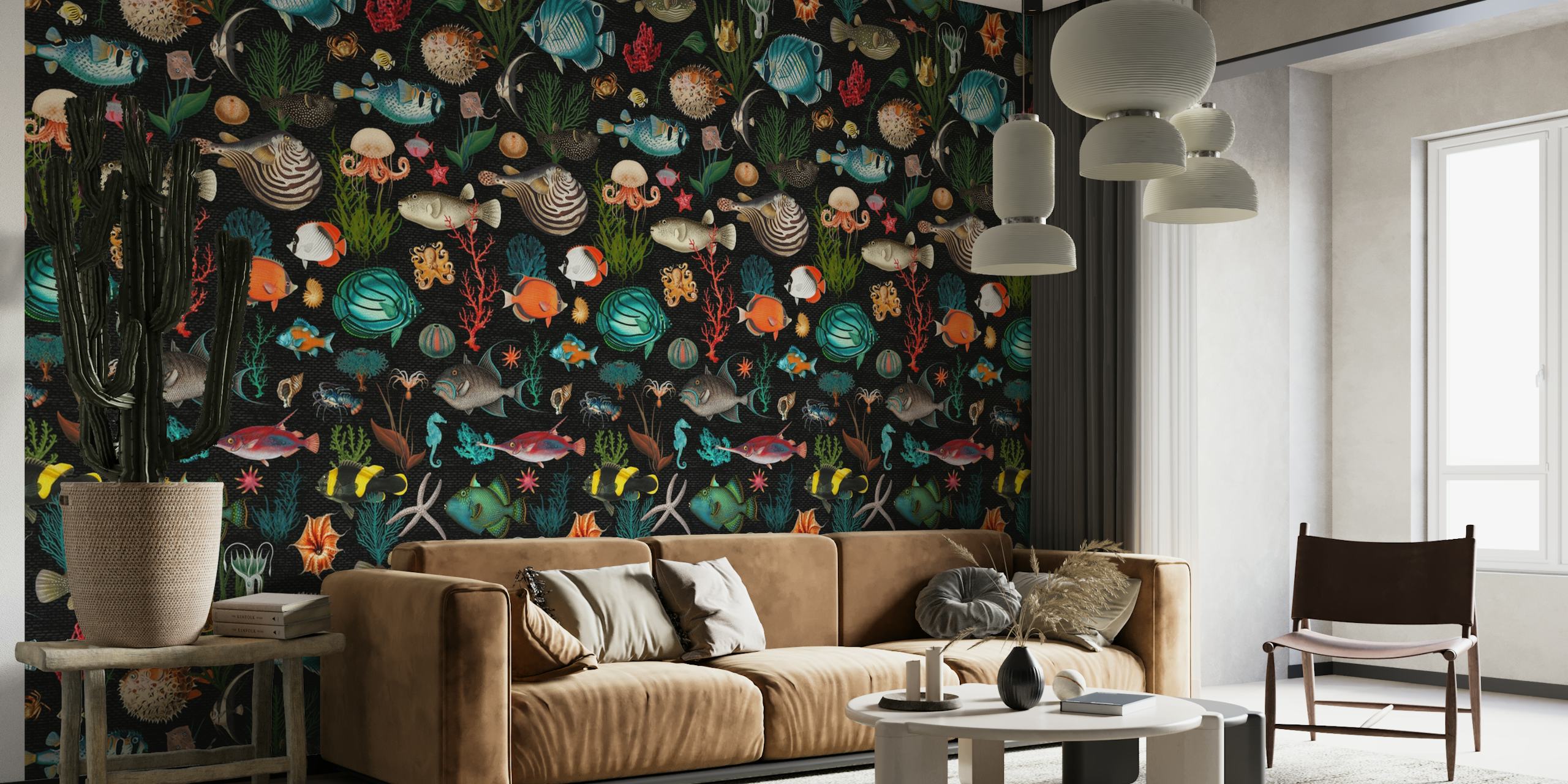 Colorful marine life with fish, coral, and shells on black wallpaper