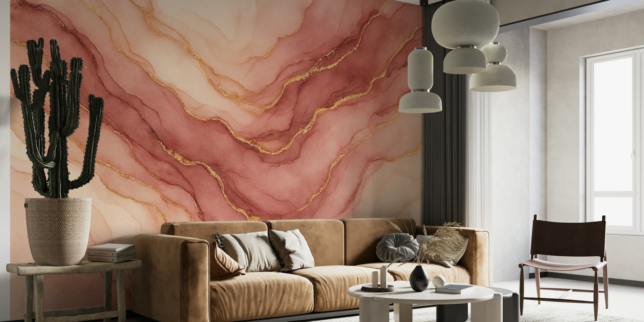 Abstract marble wallpaper in blush and gold tones
