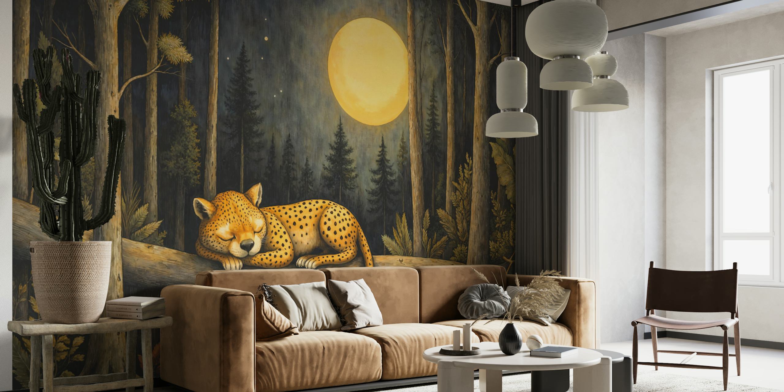 Cheetah sleeping on a branch under a full moon in forest wallpaper