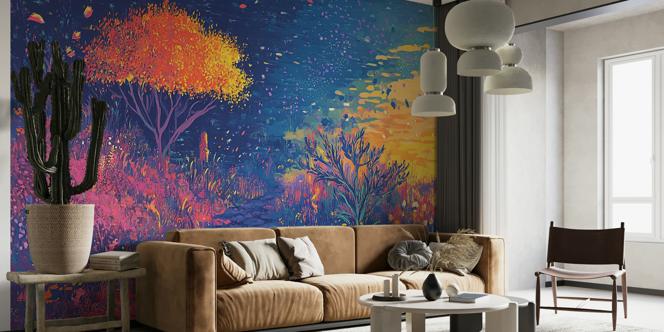 Colorful night floral landscape wallpaper with bright tree and foliage