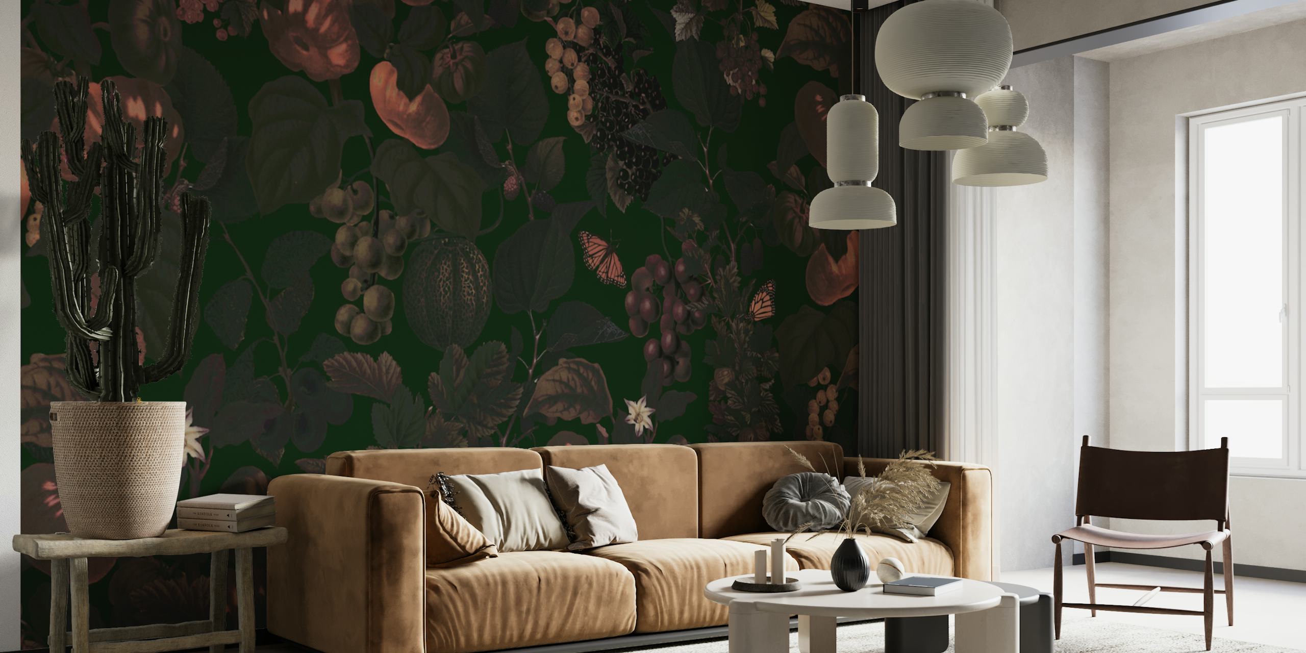 Floral pattern with fruits and leaves on dark green wallpaper
