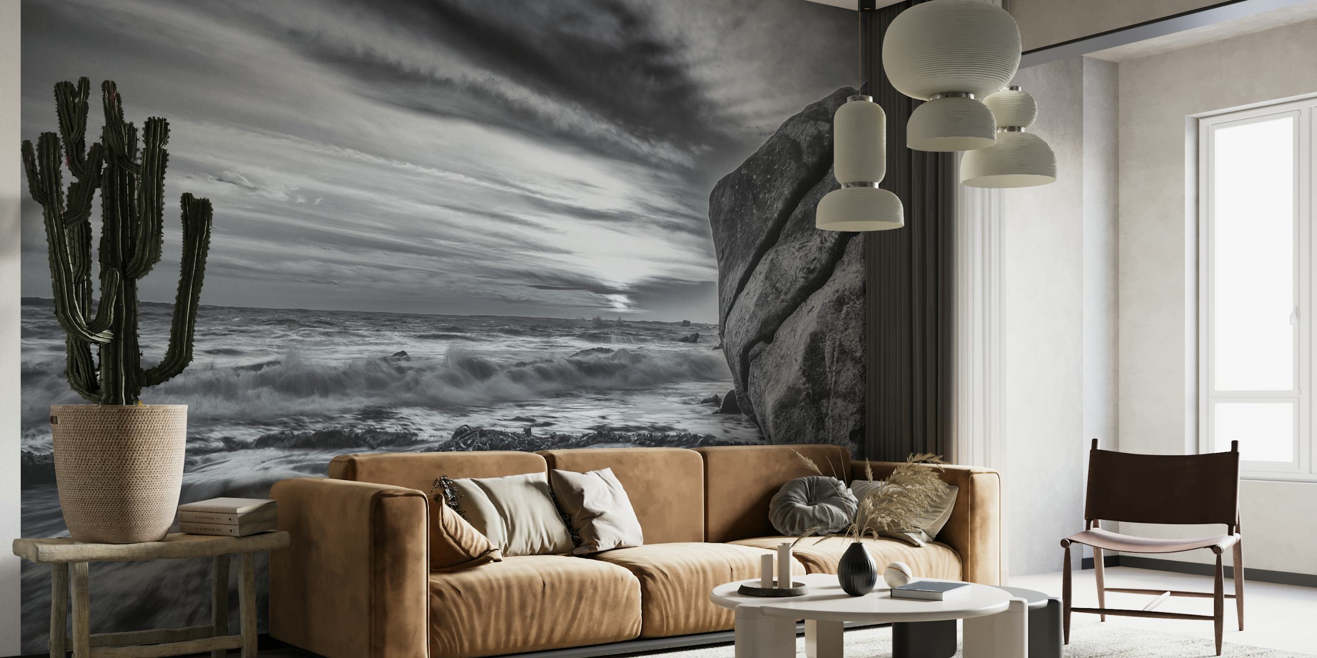 Black and white coastal wall mural depicting waves and rocks