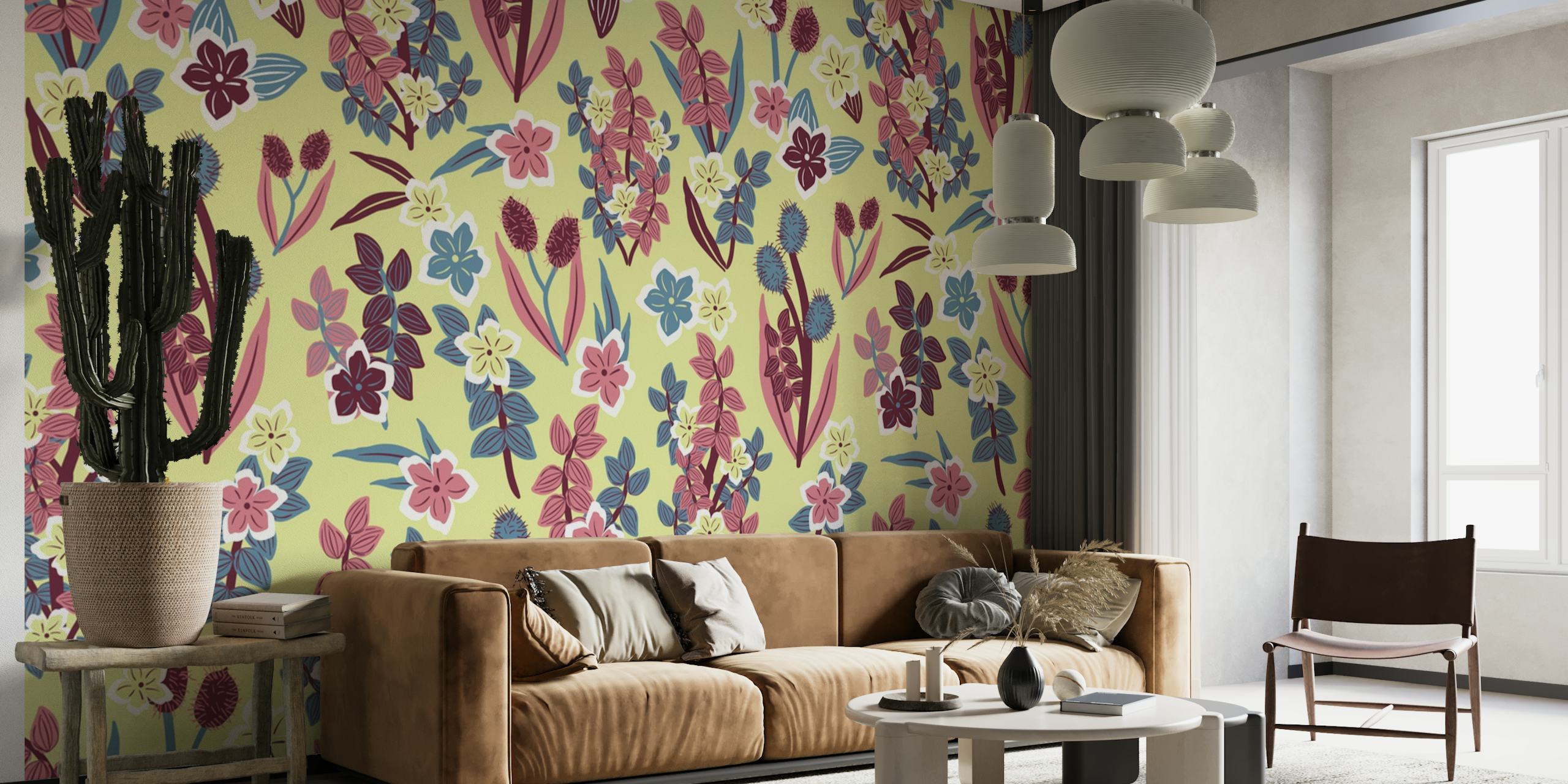 Floral wall mural with yellow, blue, and purple flowers creating a cascading effect on a neutral background
