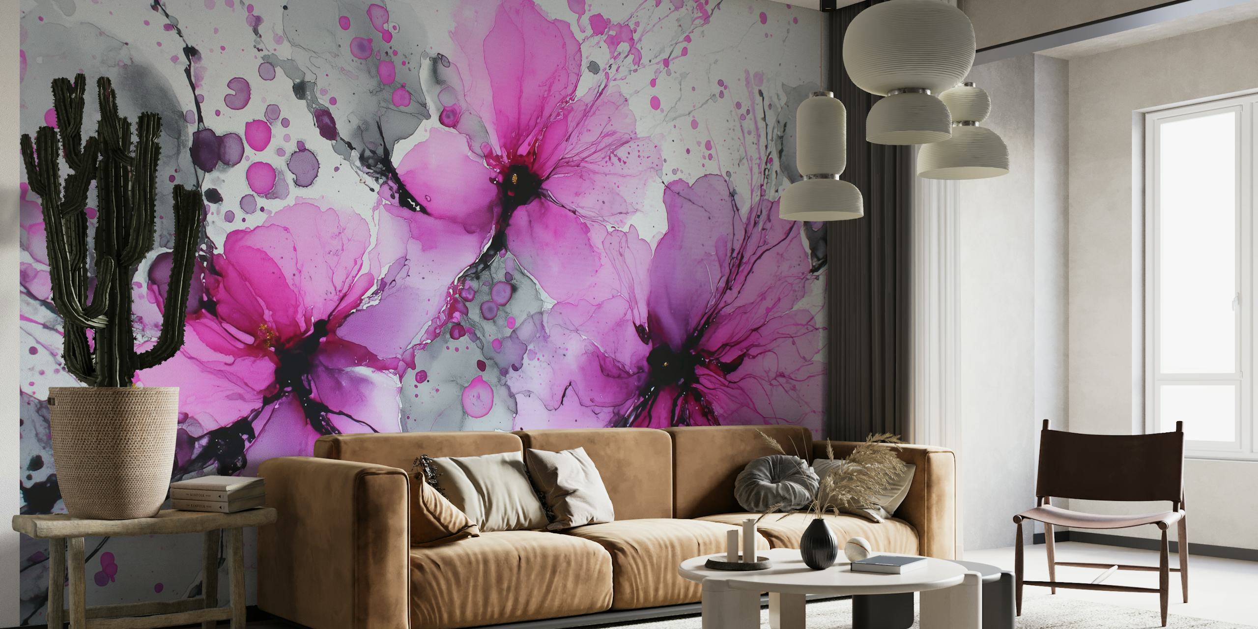 Pink floral ink splatter design featuring gray and black accents wallpaper