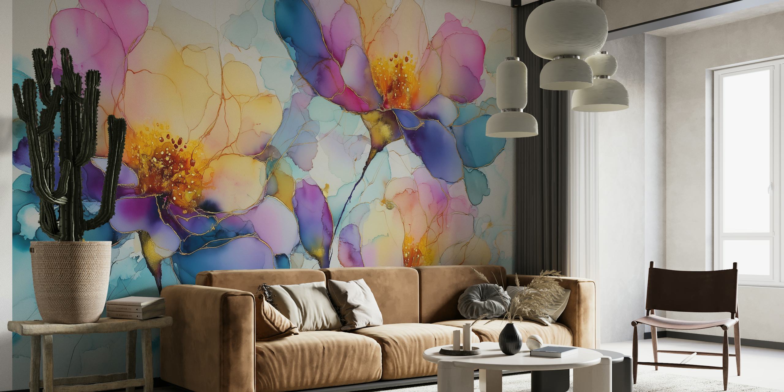 Colorful ink floral design featuring pink, purple, and yellow flowers wallpaper