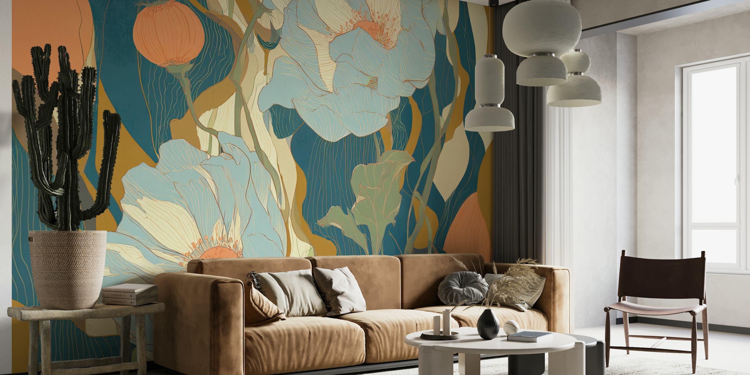 Fleurs stylisées en bleu et orange sur fond texturé wallpaper