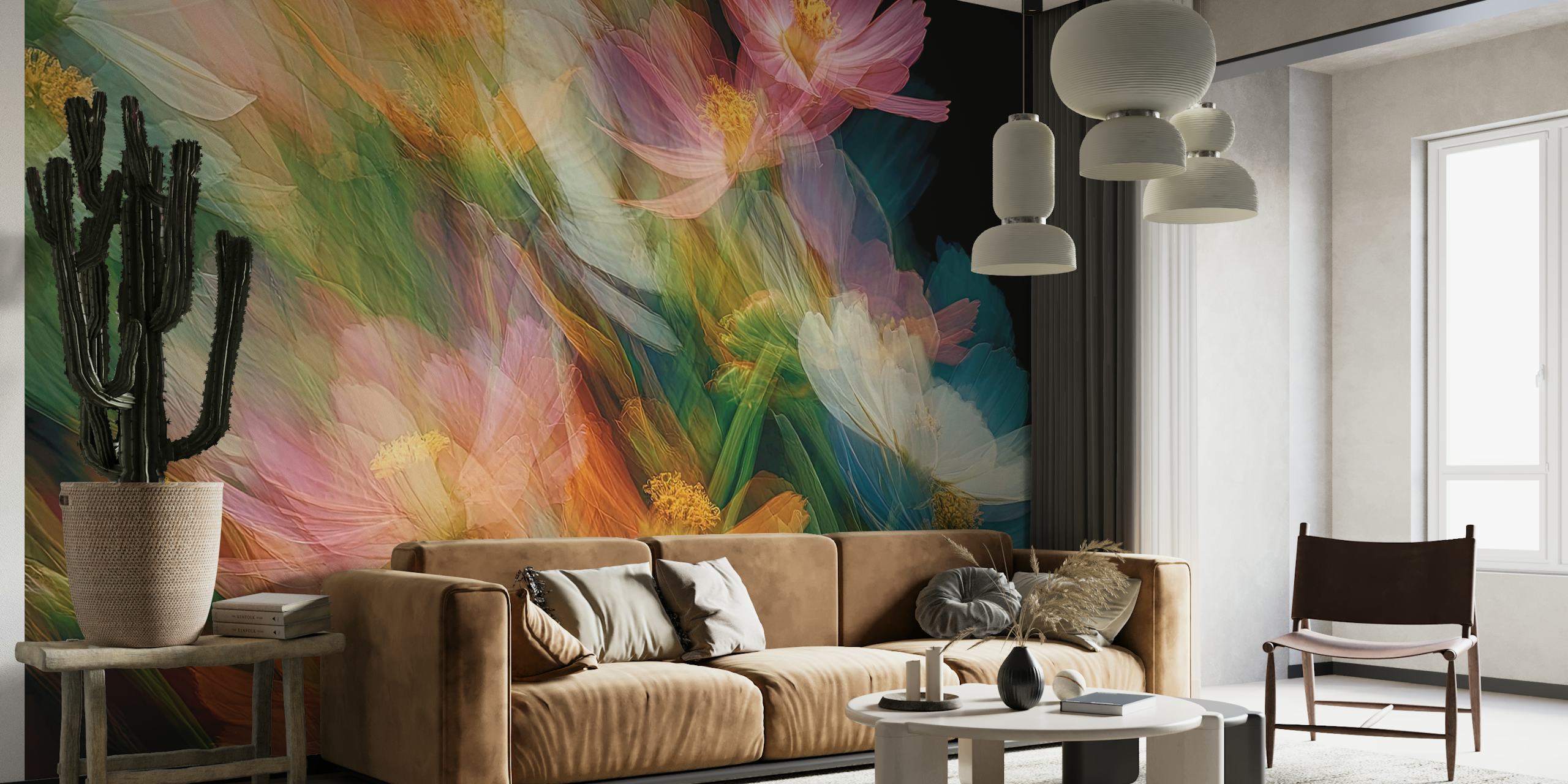 Colorful abstract floral wallpaper with pink, orange, and blue flowers.