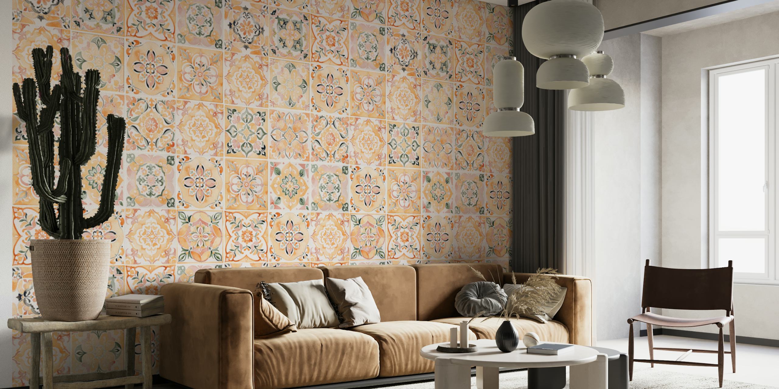 Pastel floral tile-patterned wallpaper with orange and green accents in a vintage style