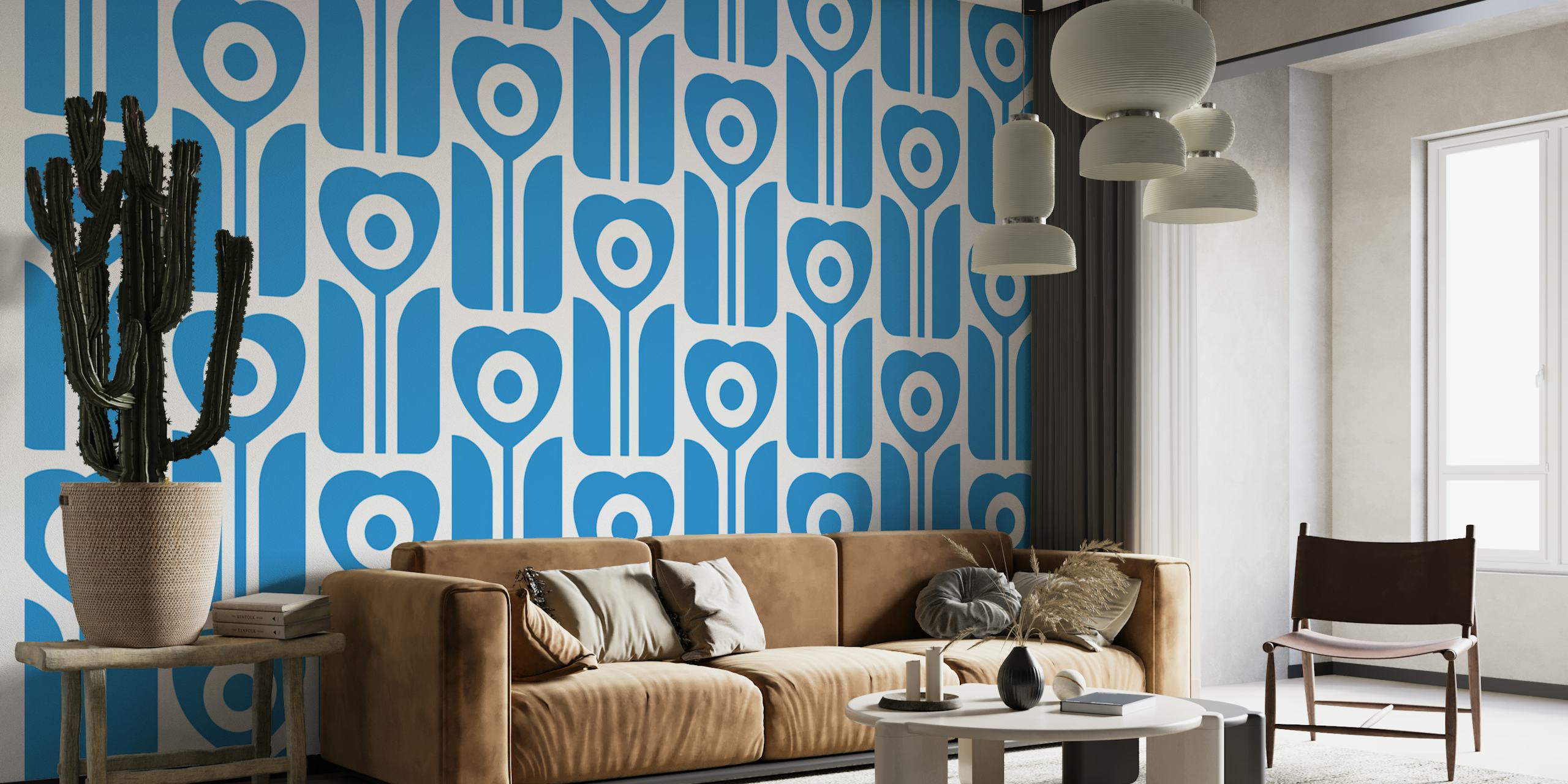 Retro geometric tulips wallpaper em um quarto