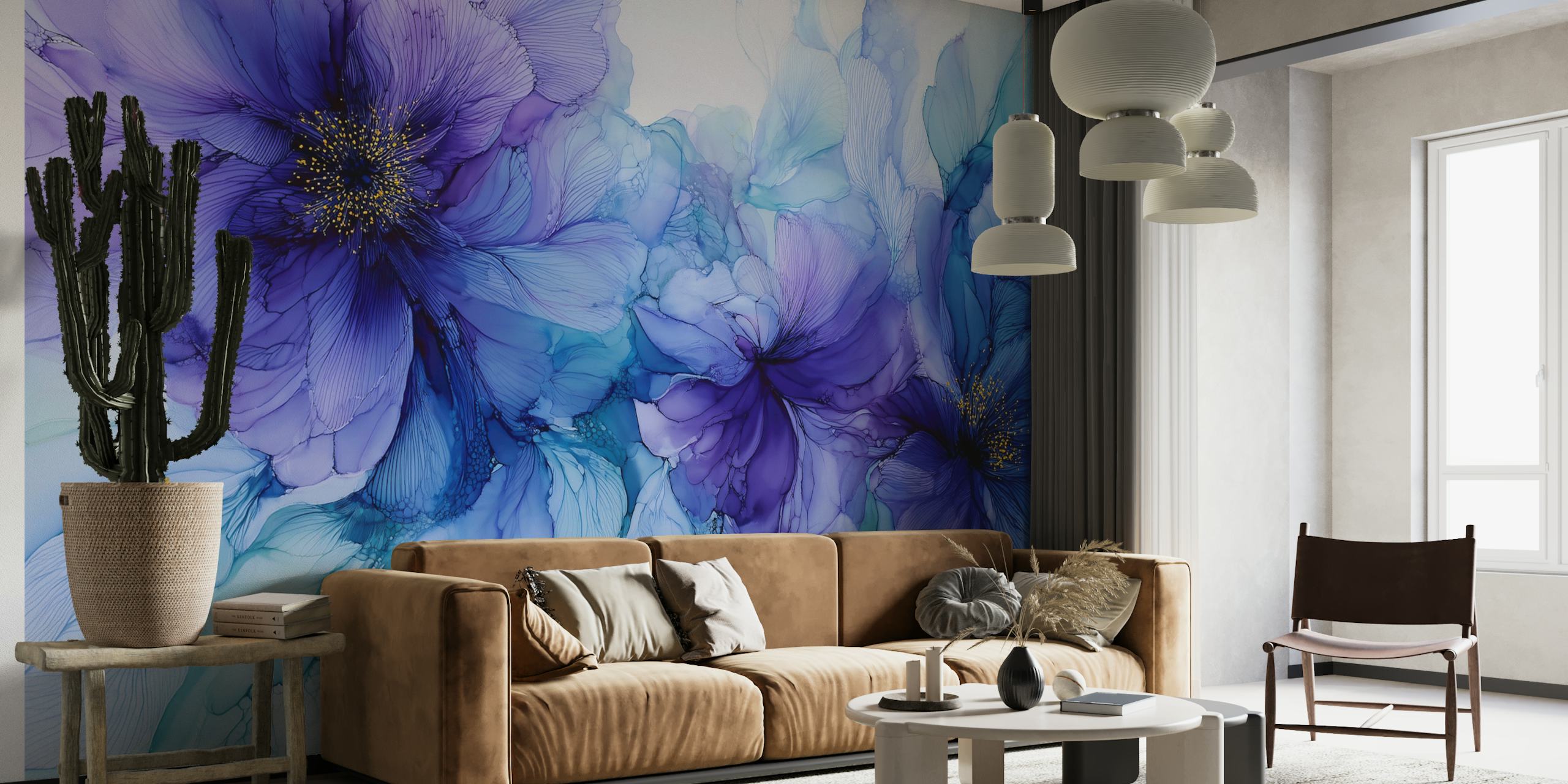 Purple floral wallpaper featuring large violet blooms with delicate green leaves in an artistic style.