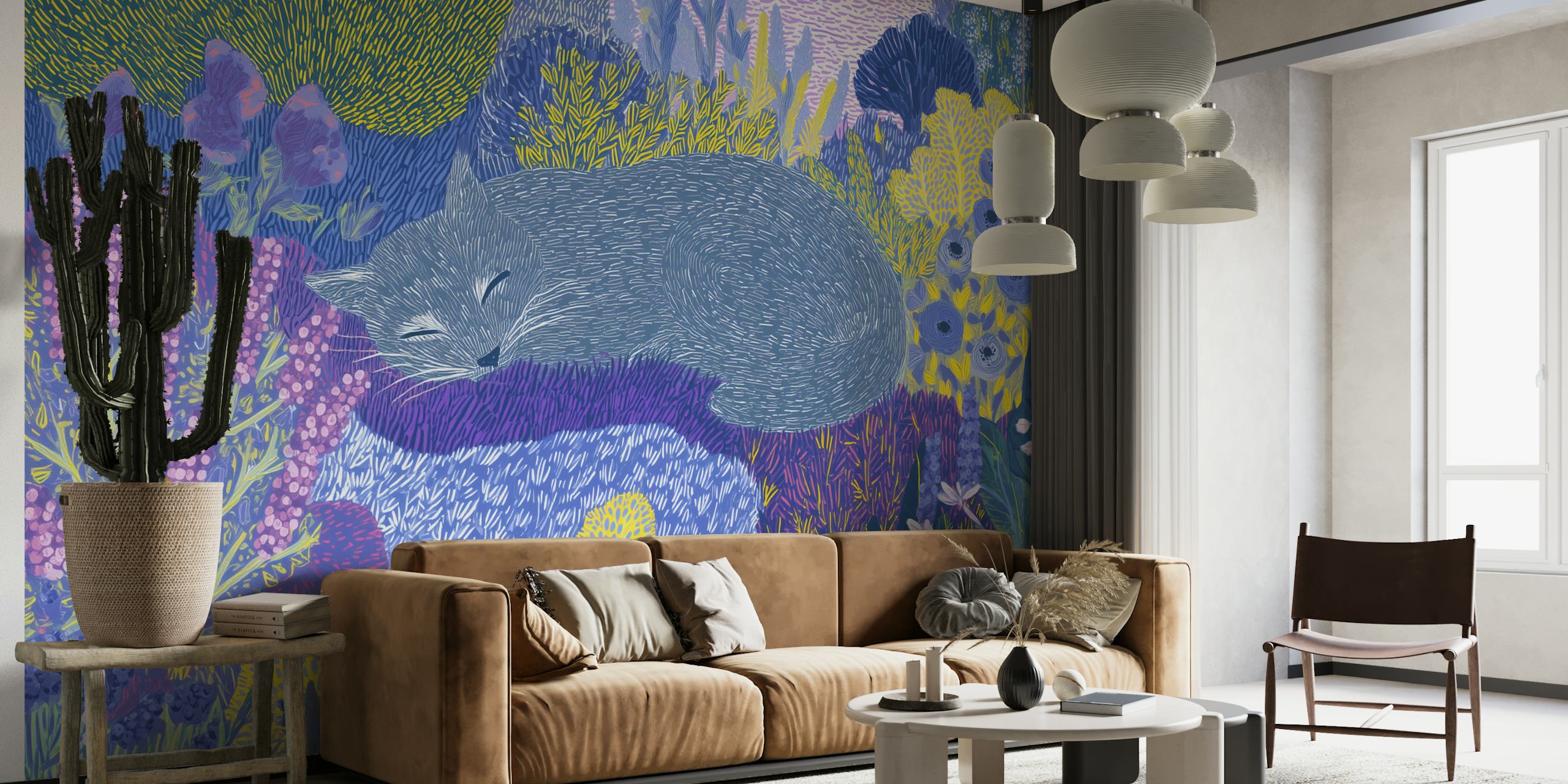 Sleeping cat surrounded by colorful flowers and foliage wallpaper