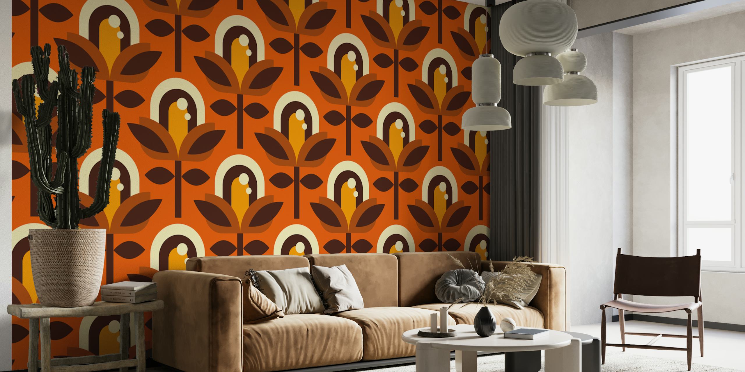 Retro floral pattern in brown and orange colors wallpaper