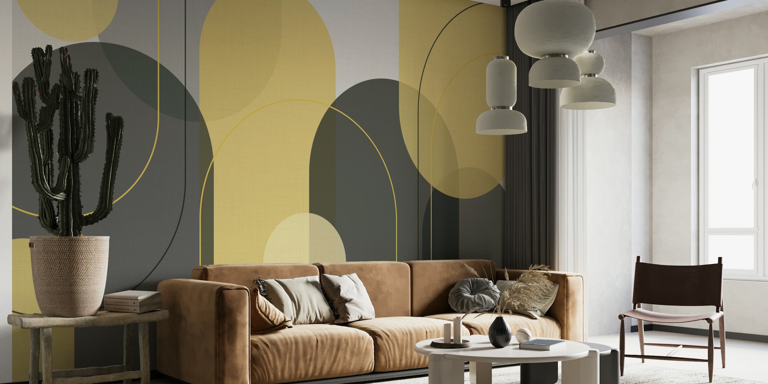 Geometric grey and yellow shapes with arches wallpaper