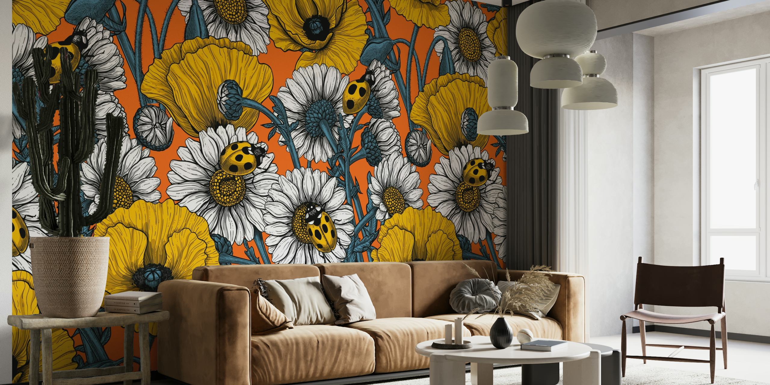 Gele bloemen en lieveheersbeestjes op blauwe muurschildering als achtergrond