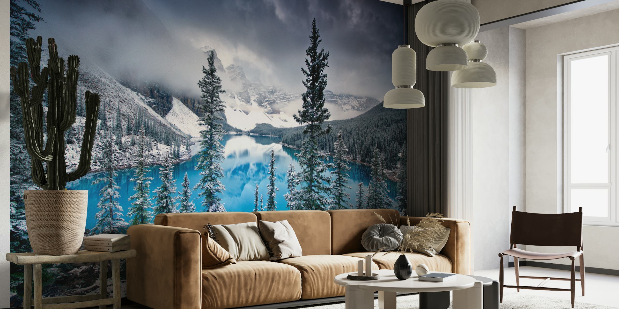 Morning Blues -seinämaalaus, jossa on lumen peittämä maisema, jossa on huurteisia puita ja heijastava järvi aamunkoittoon sävytetyn taivaan alla.