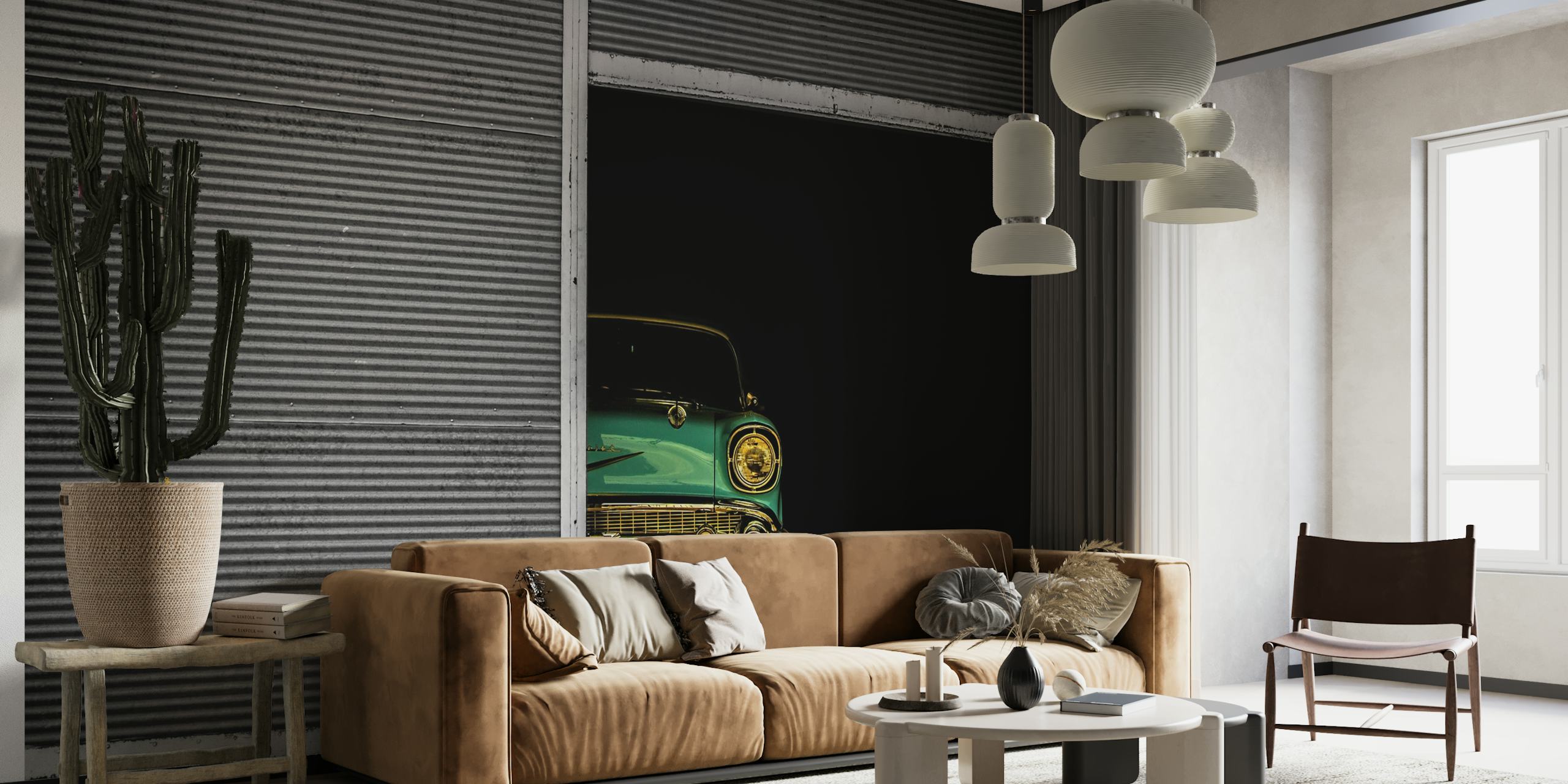 Vintage car with green and gold accents in garage wallpaper