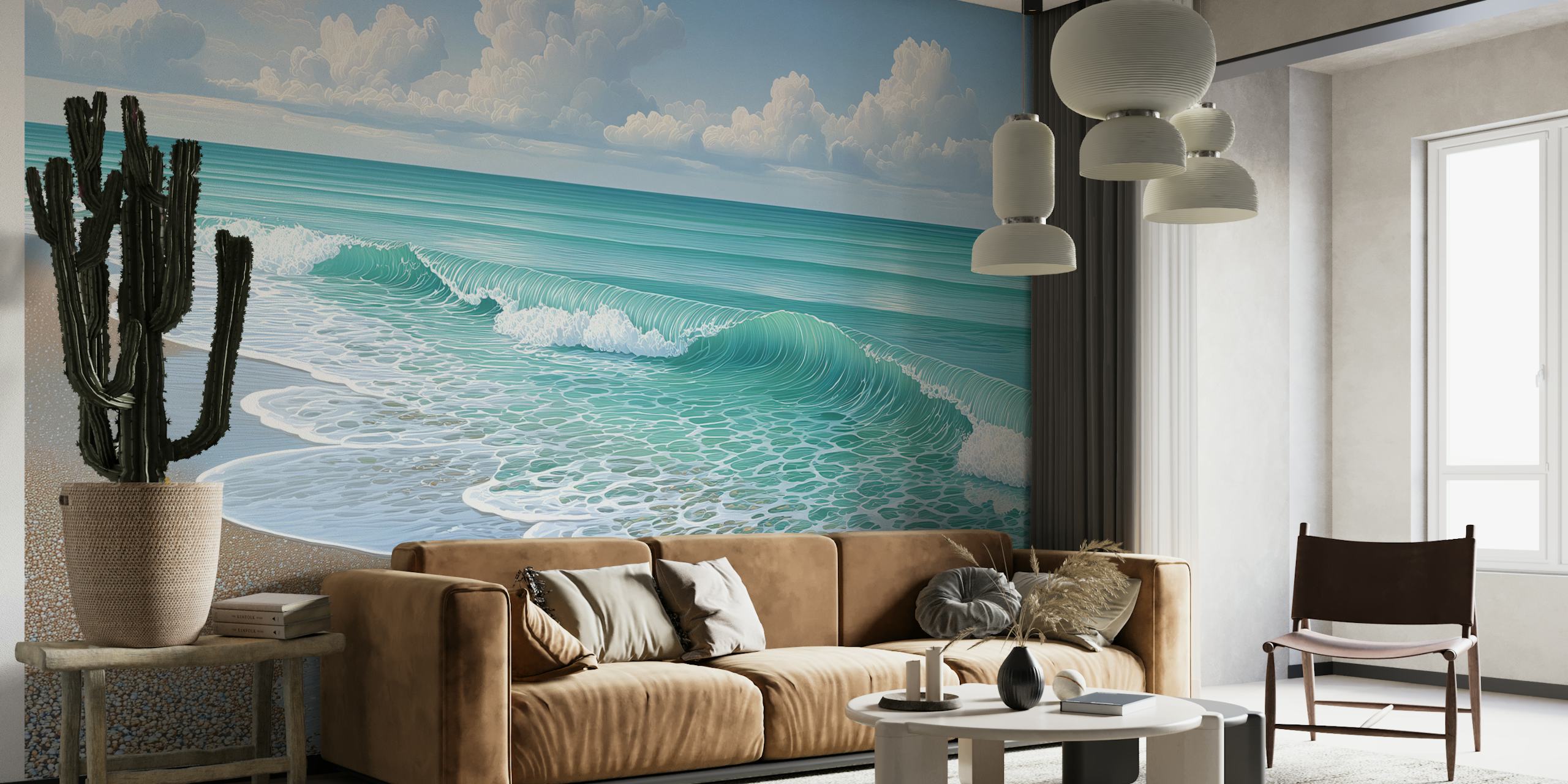 Ocean waves on sandy beach with turquoise water wallpaper
