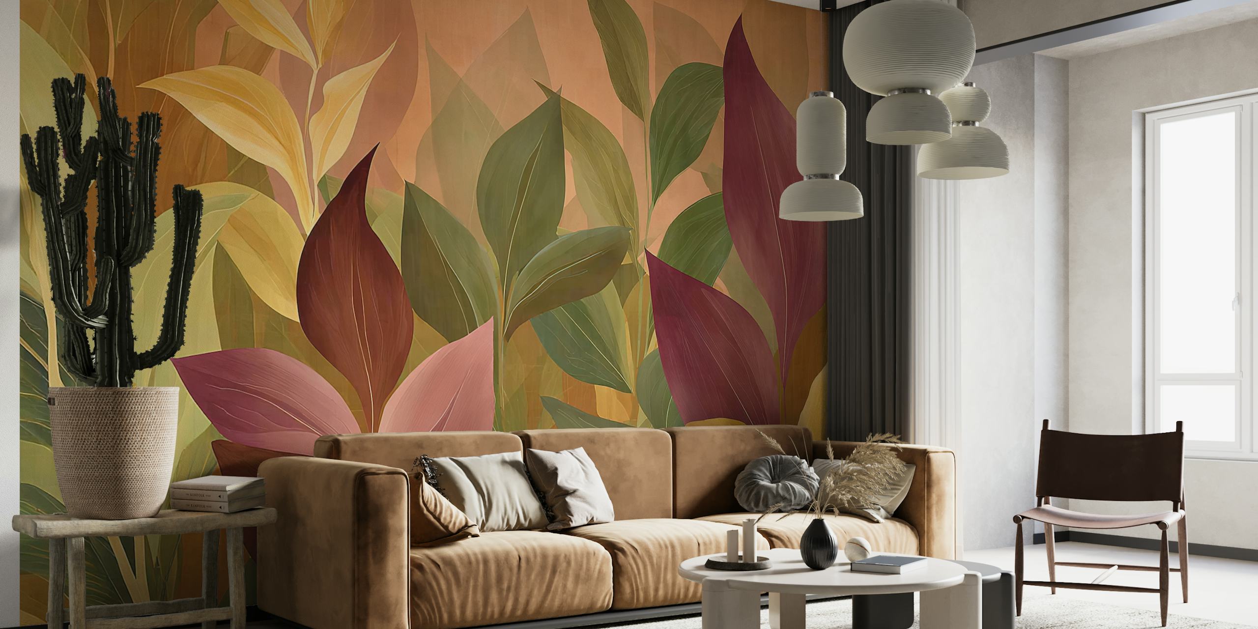 Vele herfstbladeren in warme kleuren zoals groen, bruin en rood, modern wallpaper