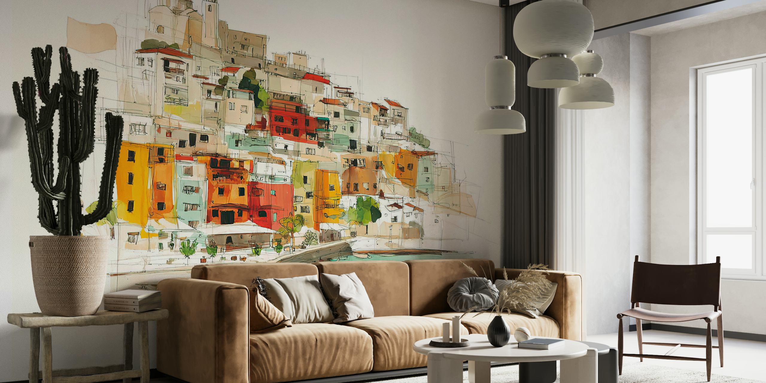 Colorful buildings on a hillside with a blue sea wall mural