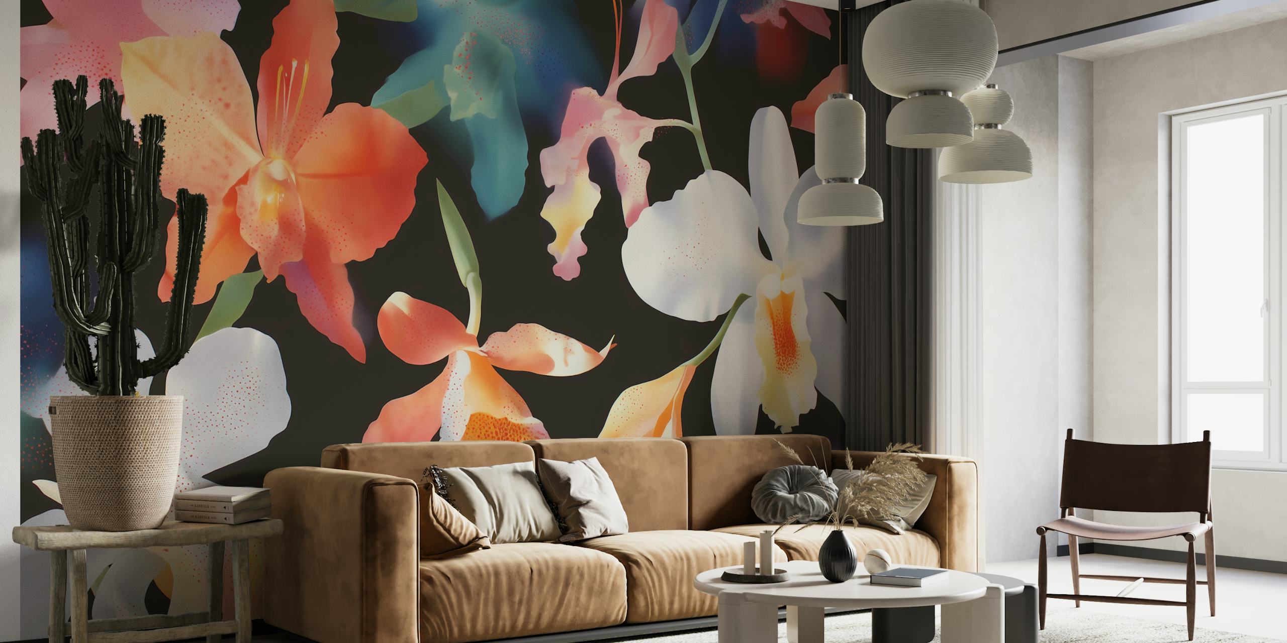 Colorful tropical floral elements on black background wallpaper