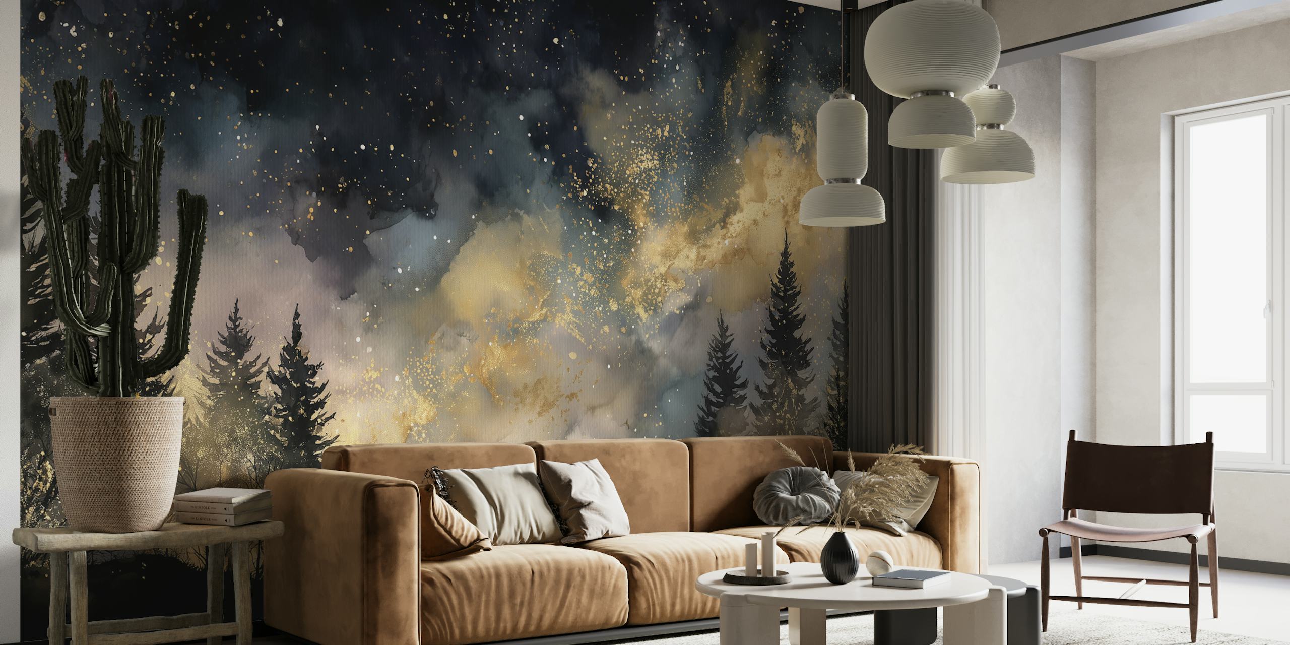 Starry night forest with dark blue hues and golden accents wallpaper