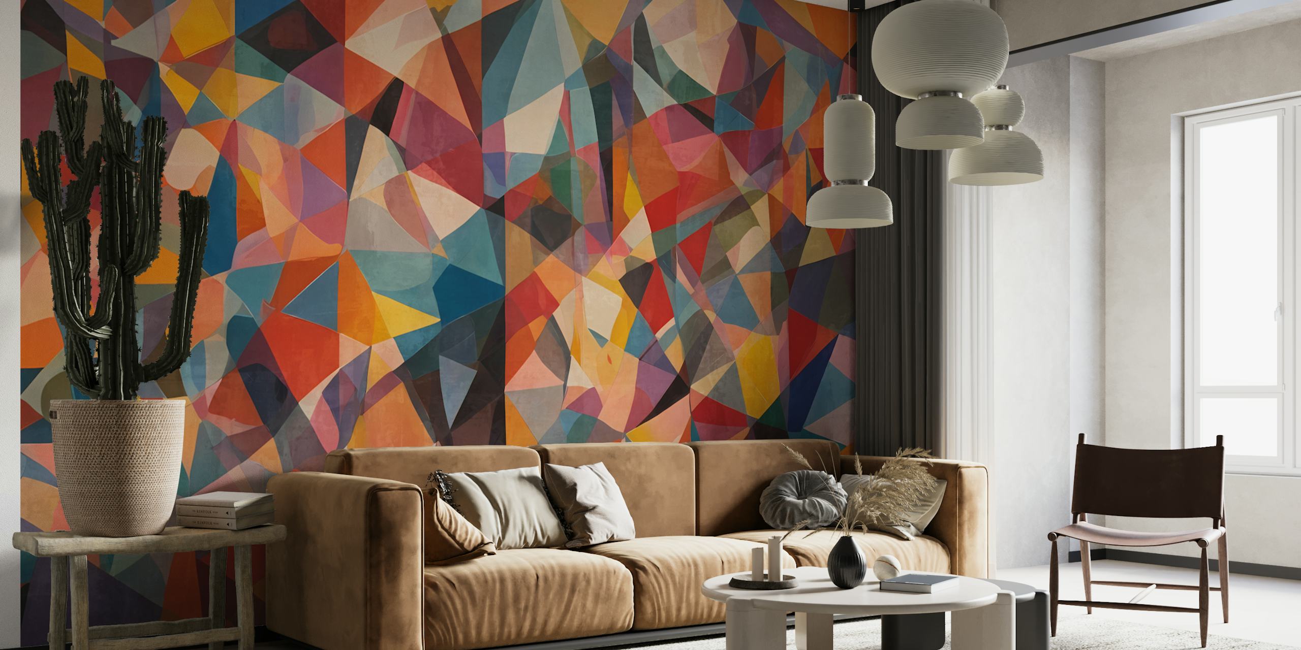 Colorful geometric shapes in shades of red, blue, and yellow wallpaper