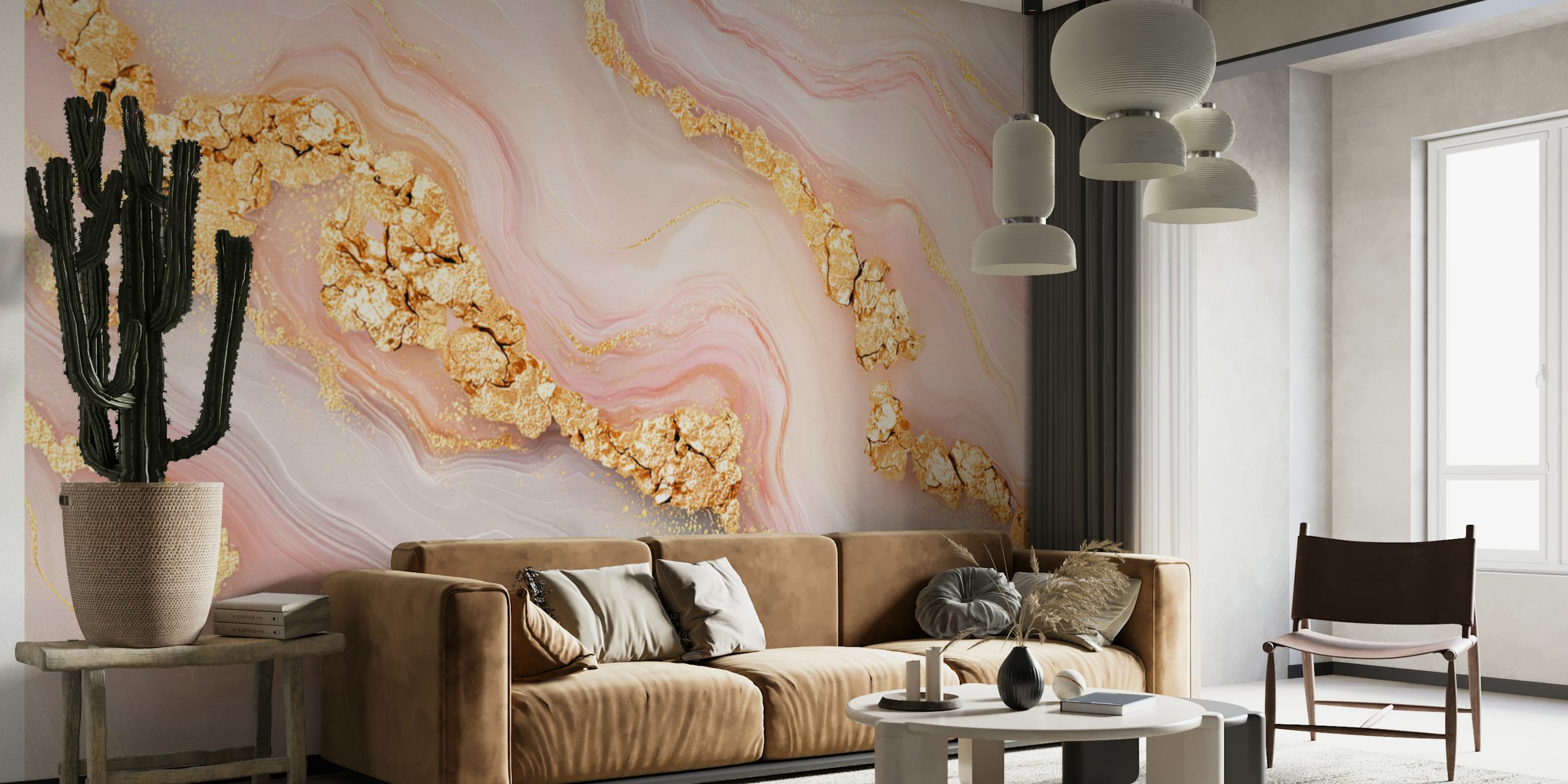 Chic girly pink and gold glam marble stone papier peint dans une pièce