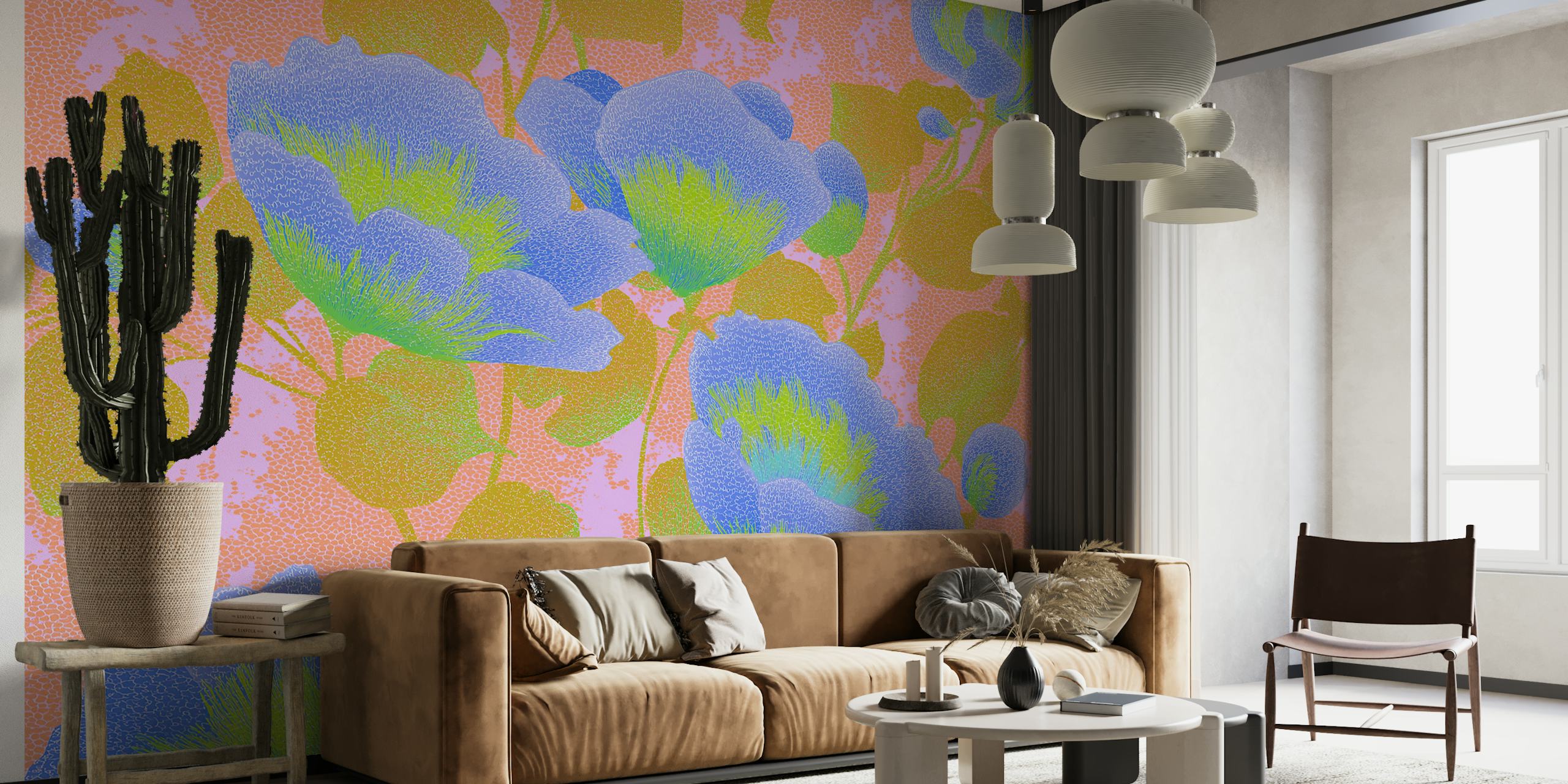 Large blue blossoms and green leaves on a pink background wallpaper