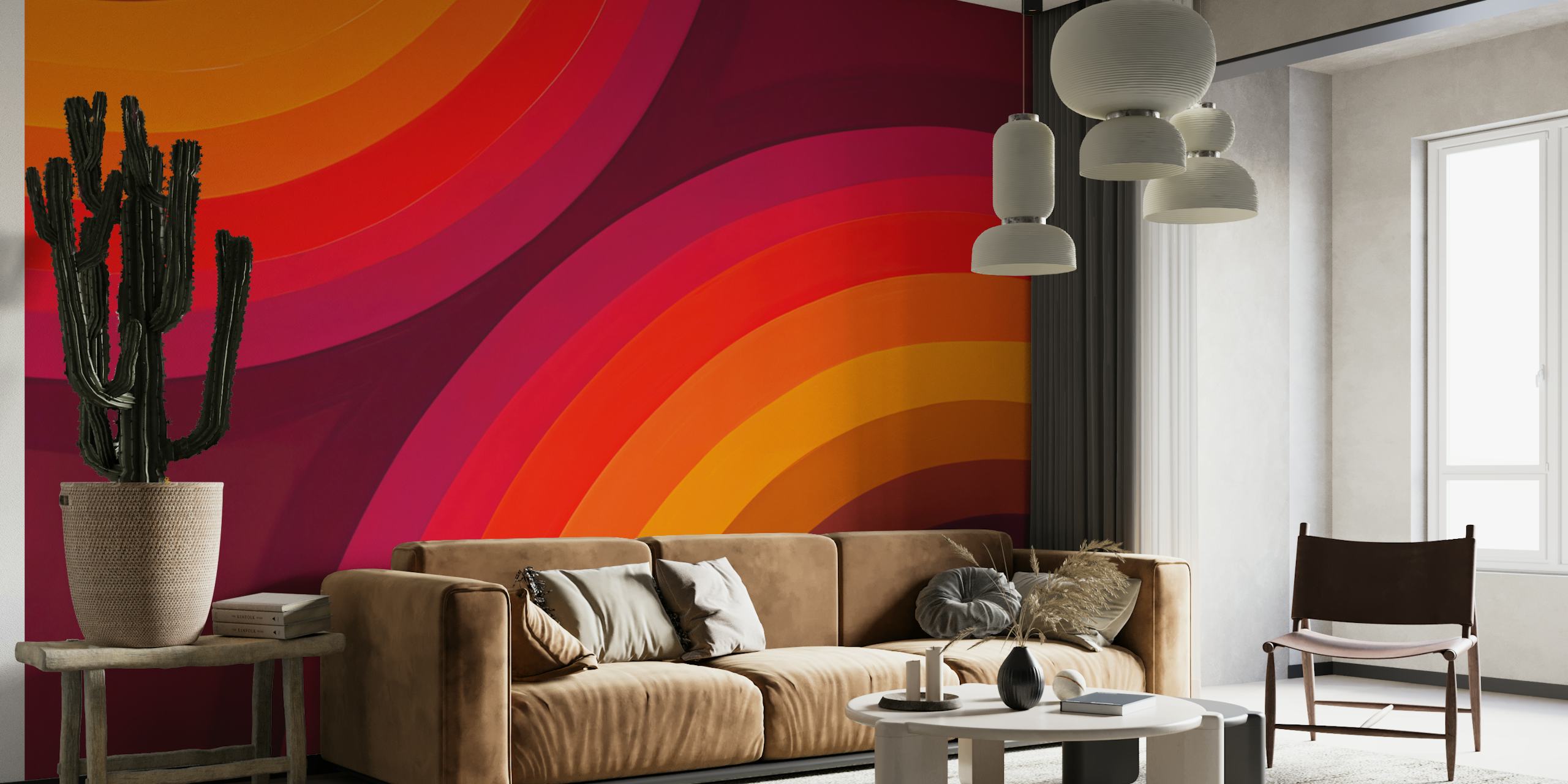 Colorful curved rainbow stripes in orange, red, and yellow wallpaper