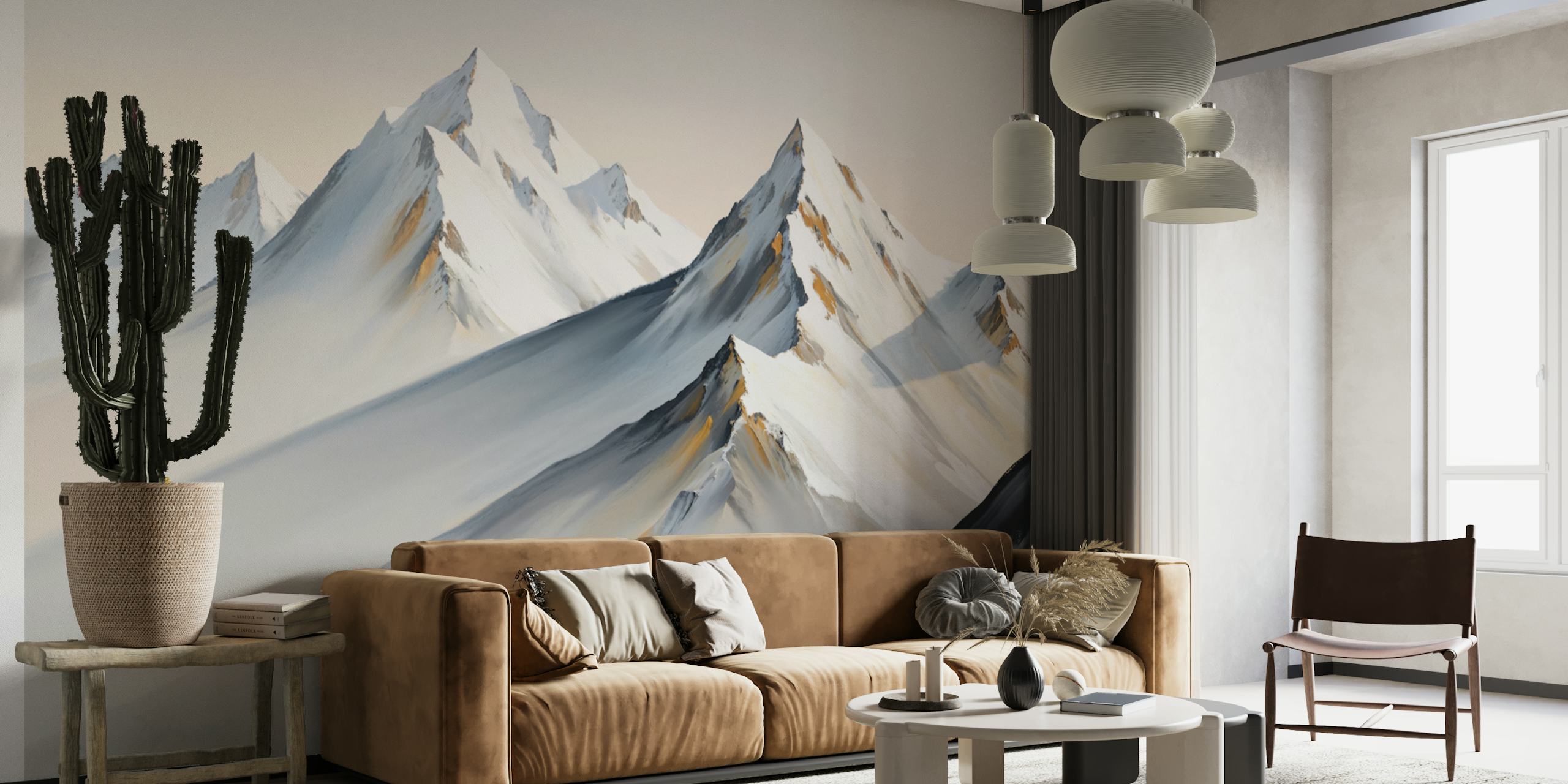 Mountain landscape in soft whites and grays wallpaper