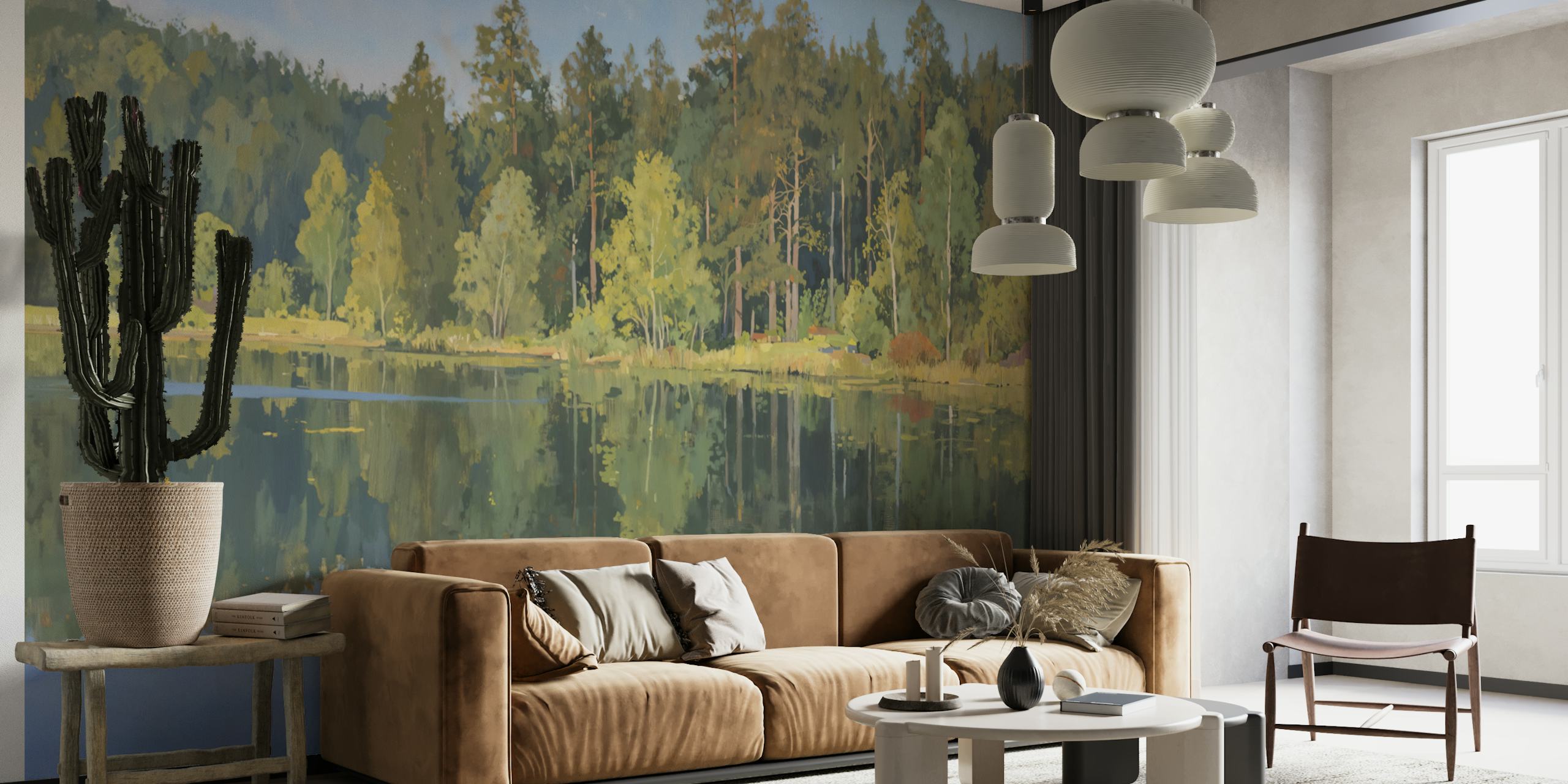 Calm forest lake with reflections of trees and sky wallpaper