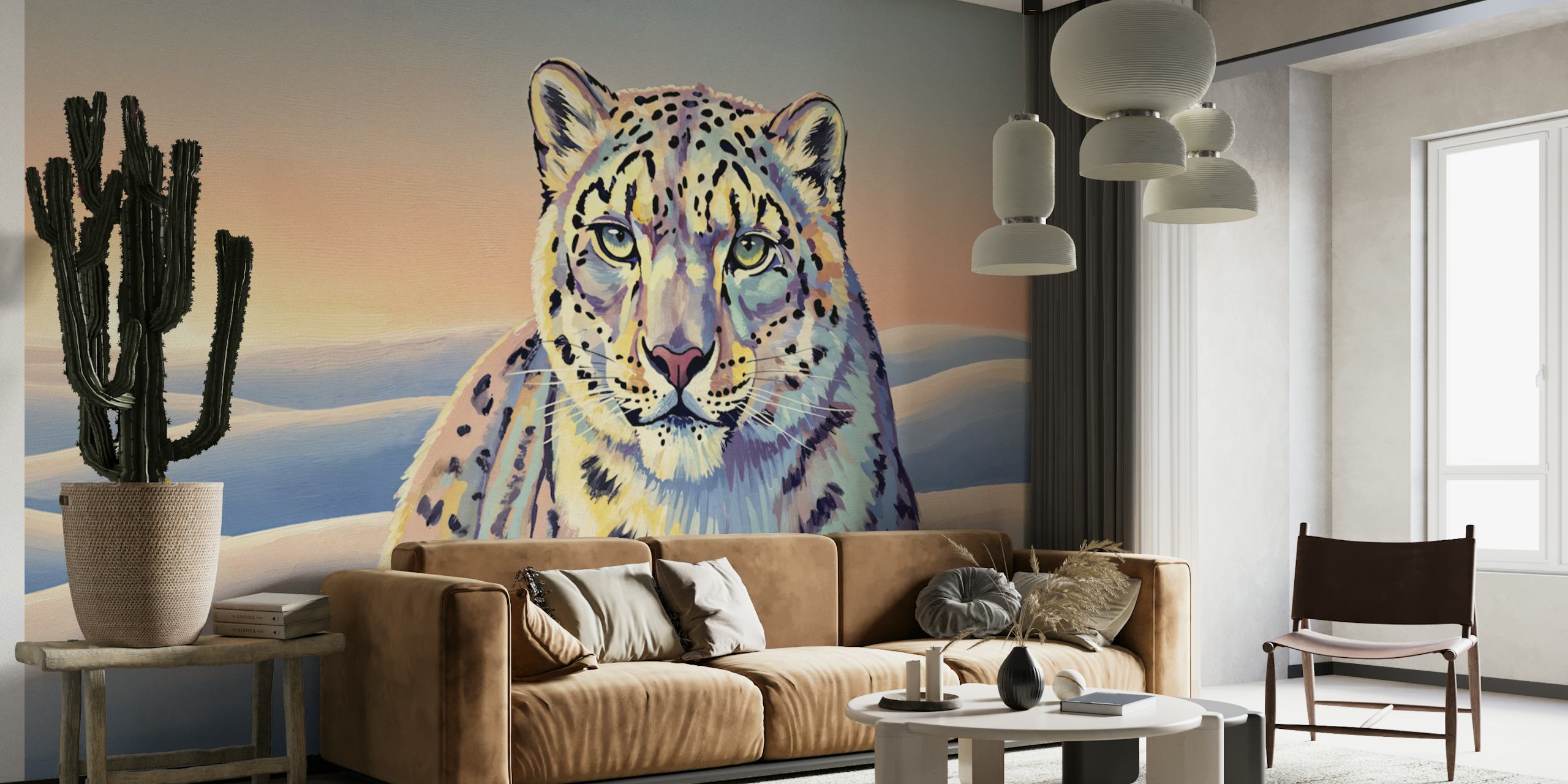Snow leopard in pastel colors against an arctic landscape wallpaper