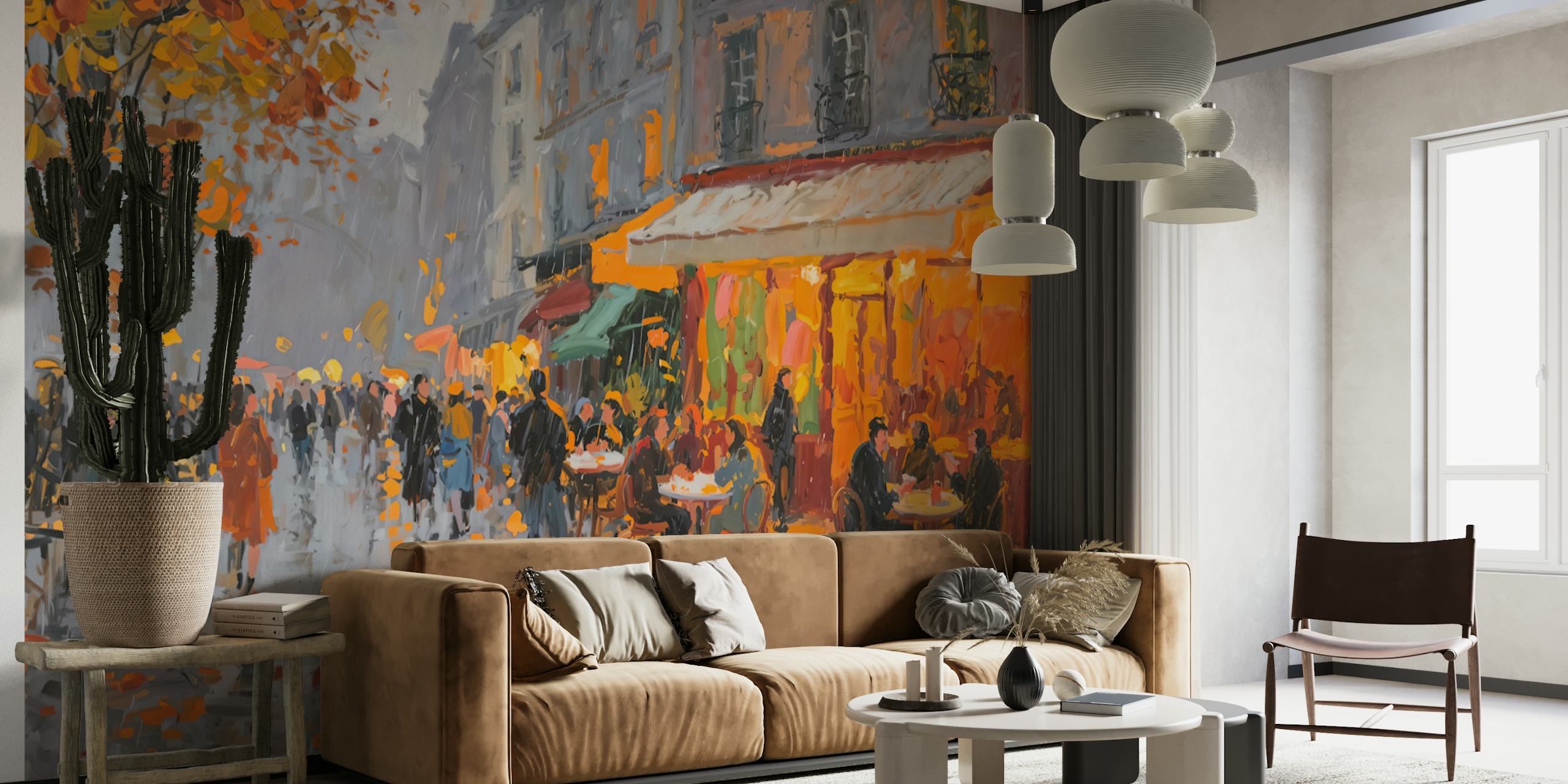 Parisian café scene with autumn colors on wallpaper