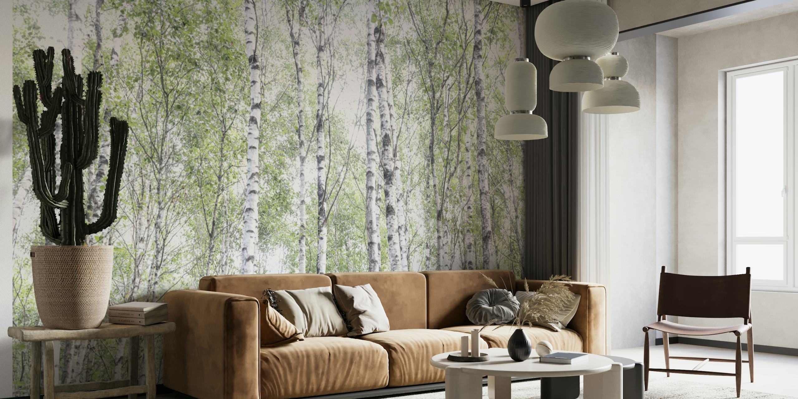 Forest of birch trees with green leaves and white bark wallpaper