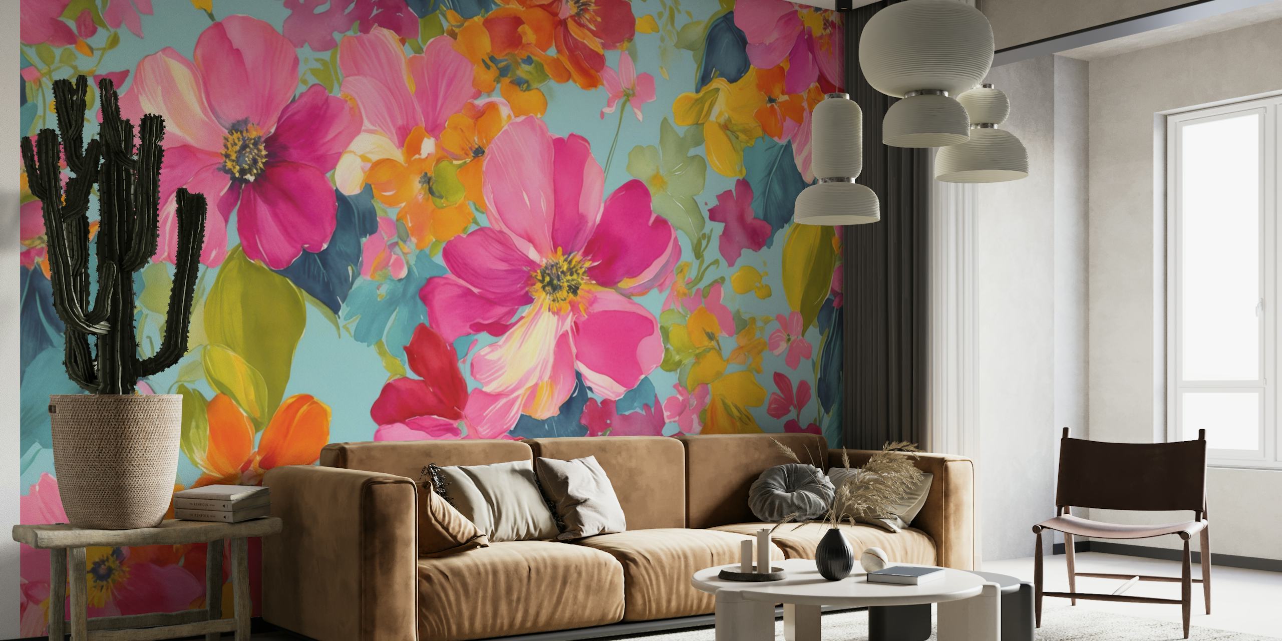 Colorful summer flowers wallpaper in a room