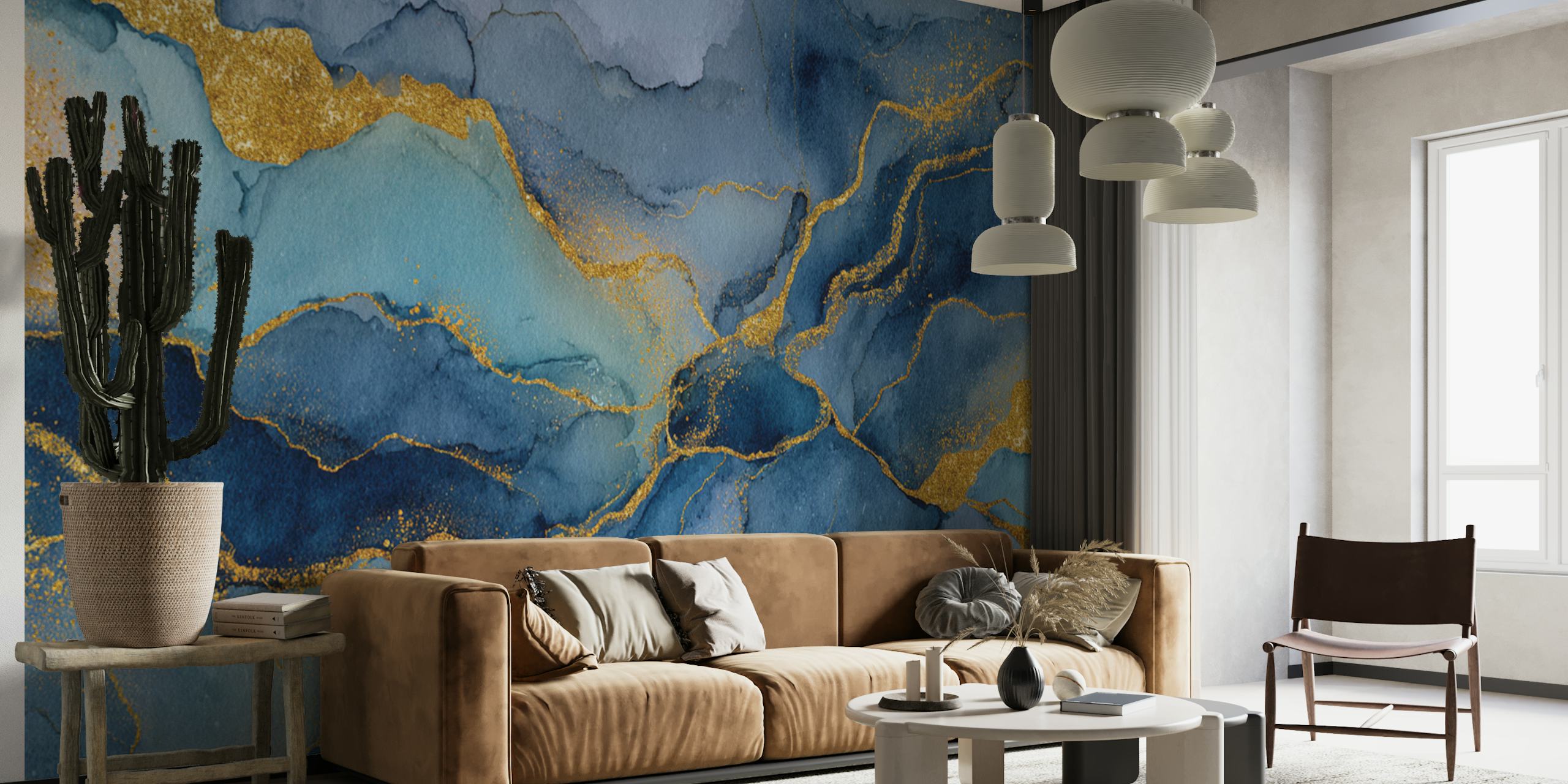 Luxurious Blue Marble with Golden Geode Veins tapeta