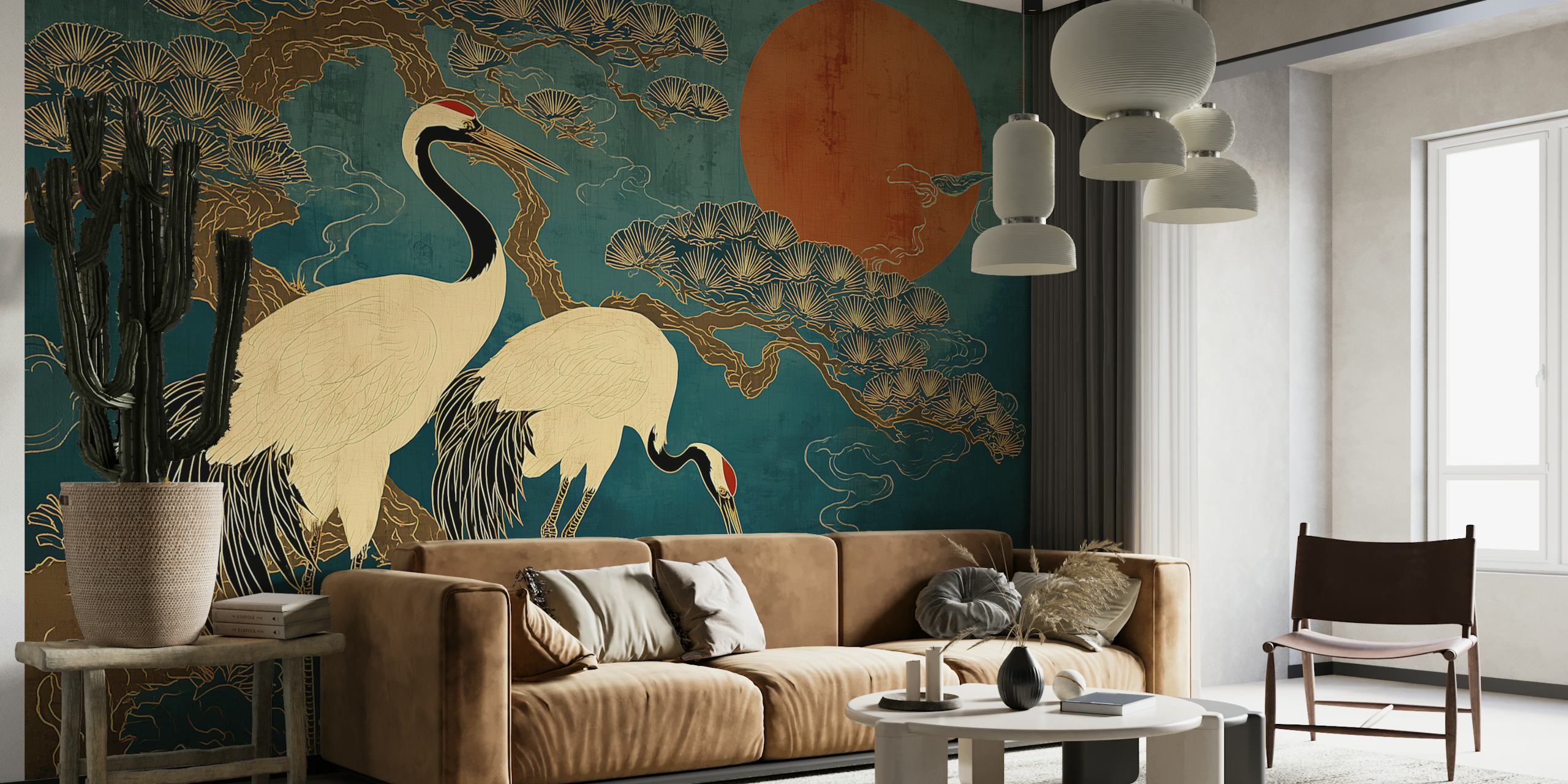 Design del wallpaper Serene Nightfall Crane nella stanza