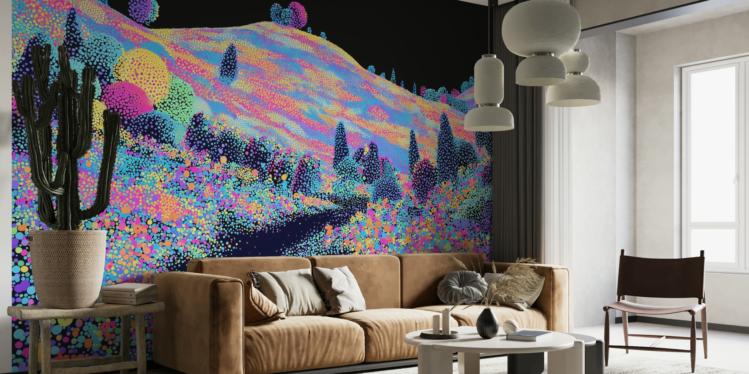 Pointillist landscape with colorful dots on black background wallpaper